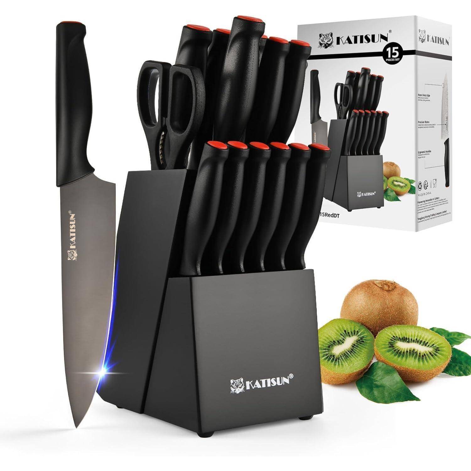 Messer-Set in einem schwarzen Block mit 'Katisun' Branding. Enthält Schere und verschiedene Messer. Geschnittene Kiwi und Verpackungskarton in der Nähe.