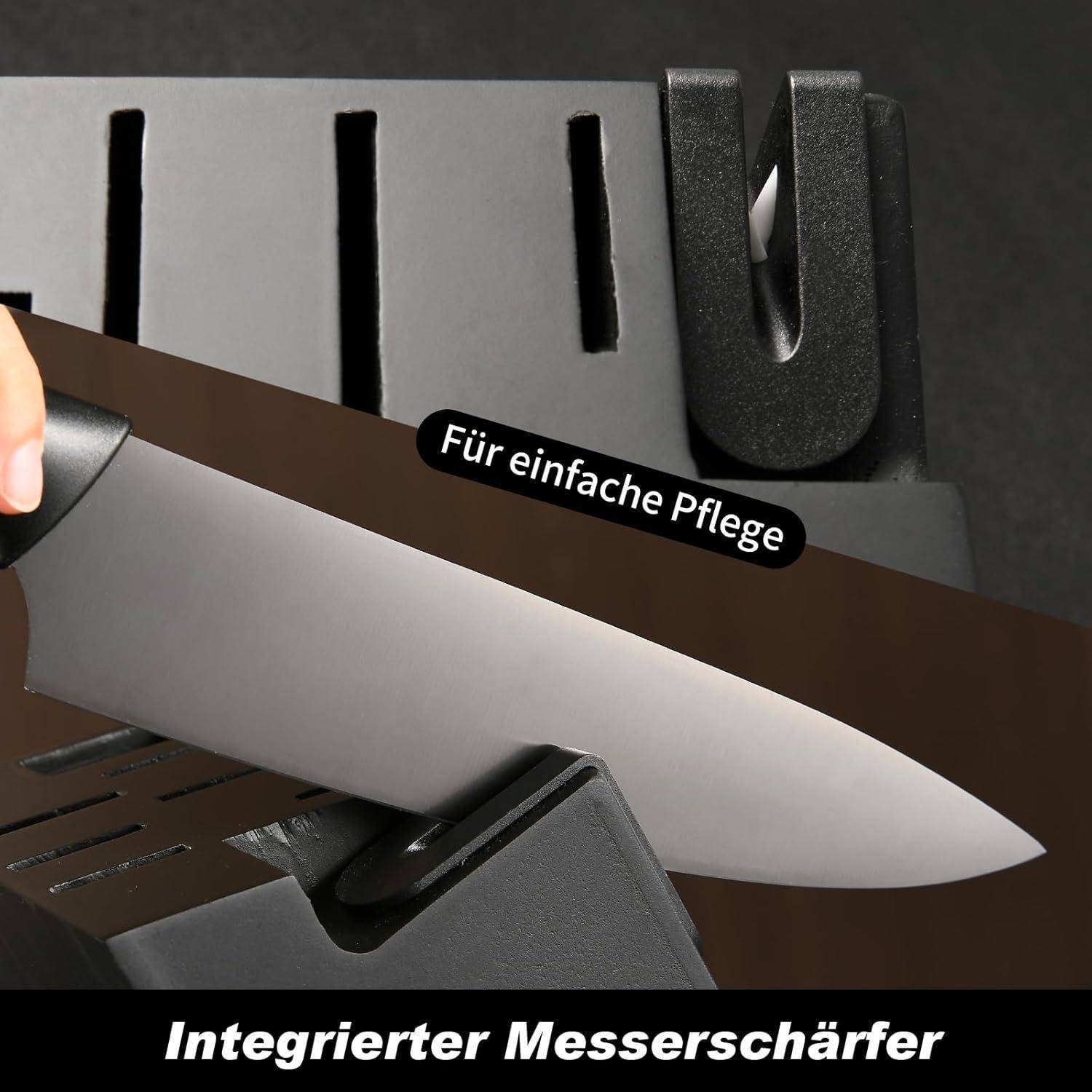 Eine Hand verwendet einen Messerschärfer mit Schlitzen für verschiedene Schleifbedürfnisse. Text lautet: 'Für einfache Pflege. Integrierter Messerschärfer.
