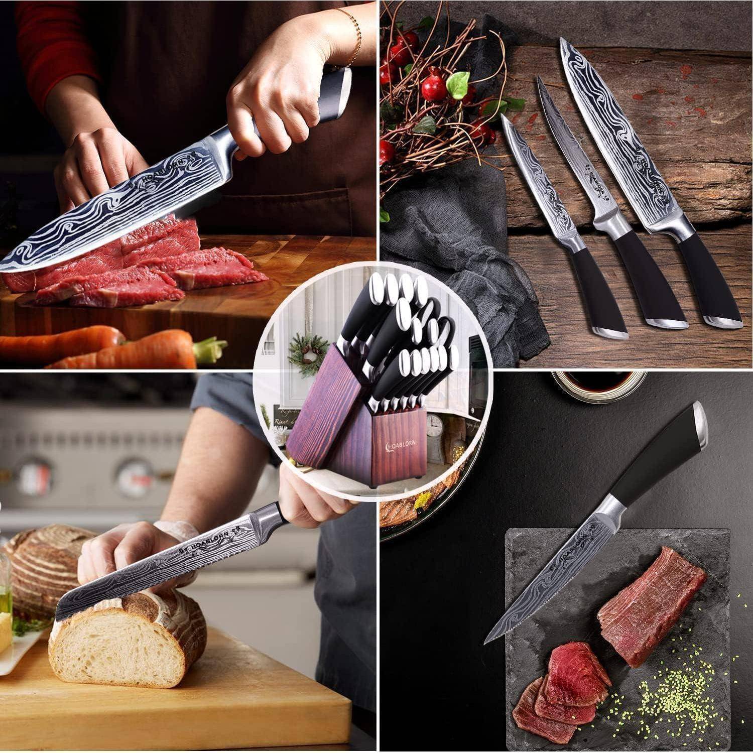 Collage aus sechs Bildern, die verschiedene Messer zeigen, darunter Messer beim Schneiden von Fleisch, Brot schneiden, ein KüchenMesser-Set und Messerdesigns.