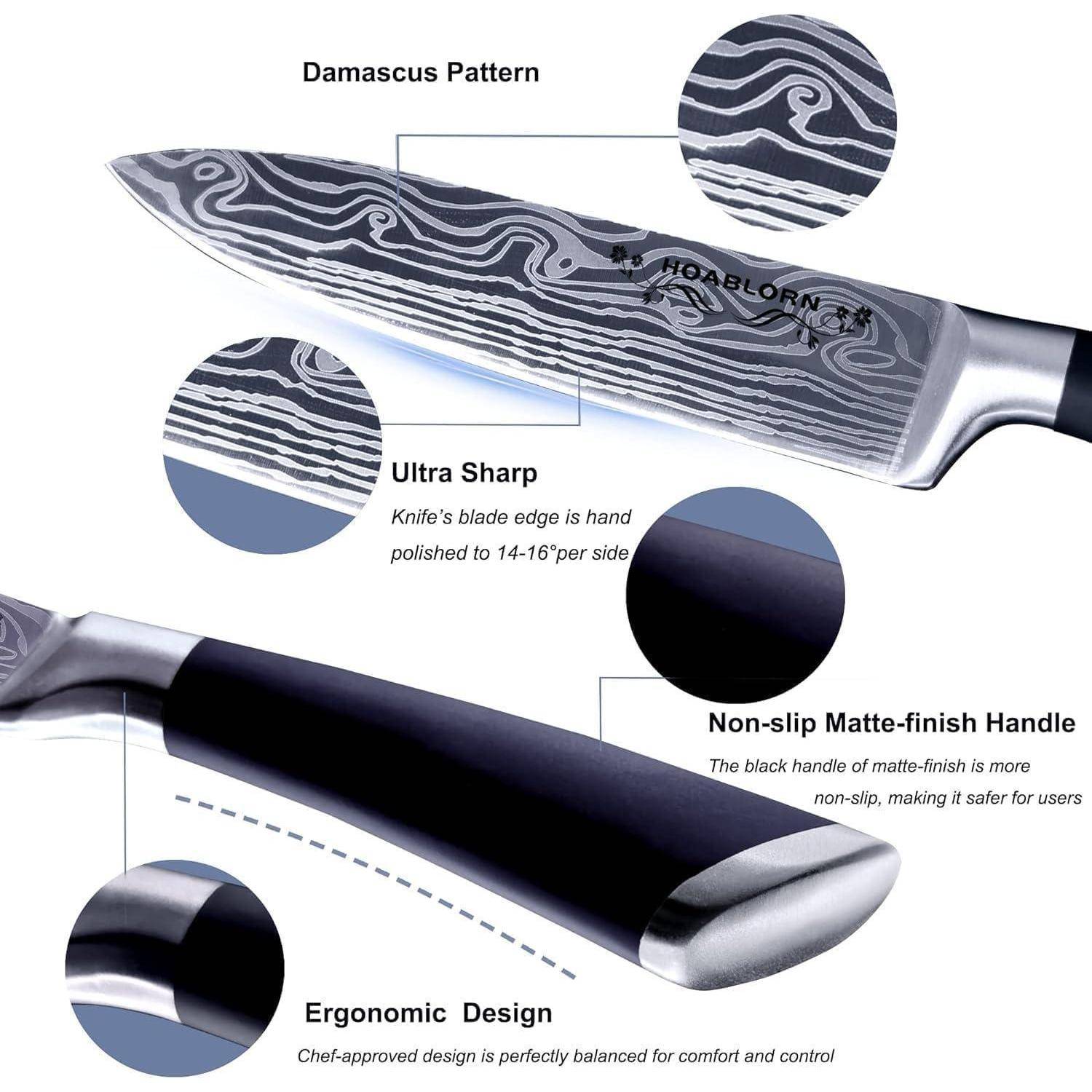 Messer mit Damastklinge und 'Ultra Scharfer' Schneide, 'Rutschfestem Matter Griff' und 'Ergonomischem Design'.