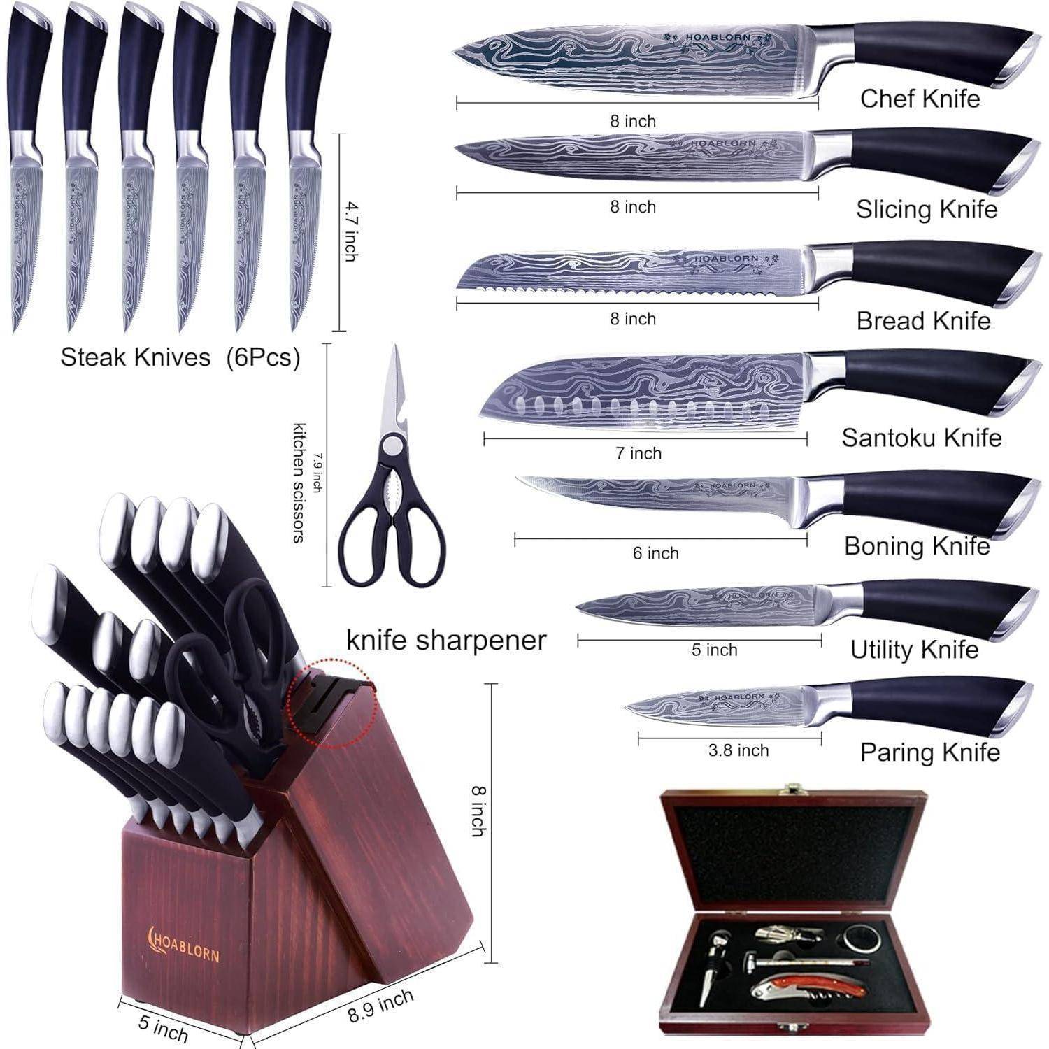 Ein Set von KüchenMessern mit verschiedenen Klingentypen, darunter Kochmesser, Tranchiermesser, Brotmesser, Santoku-Messer, Filetiermesser, Universalmesser und Schälmesser; enthält einen Messerschärfer, eine Schere und einen Messerblock.