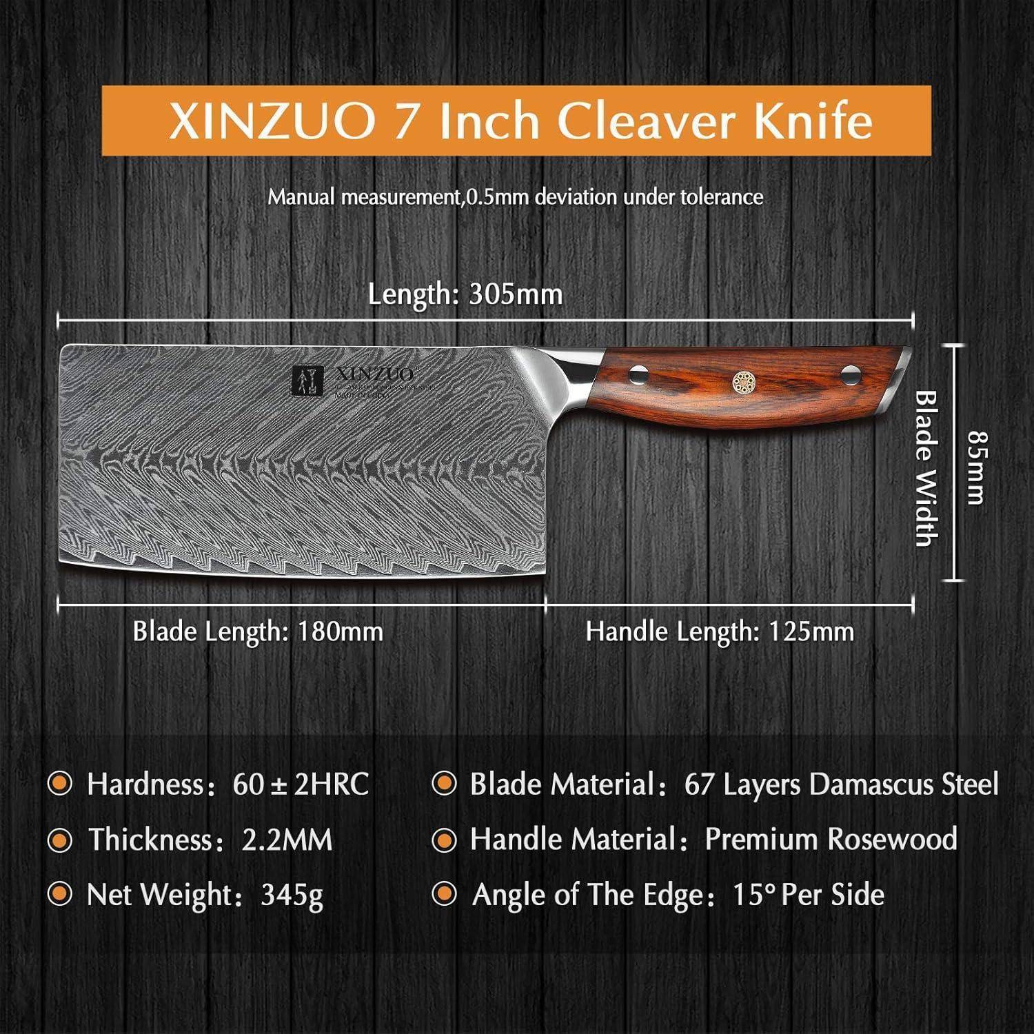 XINZUO 7 Zoll Hackmesser' mit einer 180 mm Klinge, 125 mm Griff aus 67-lagigem Damaszener Stahl und Rosenholz; Härte 60±2 HRC.