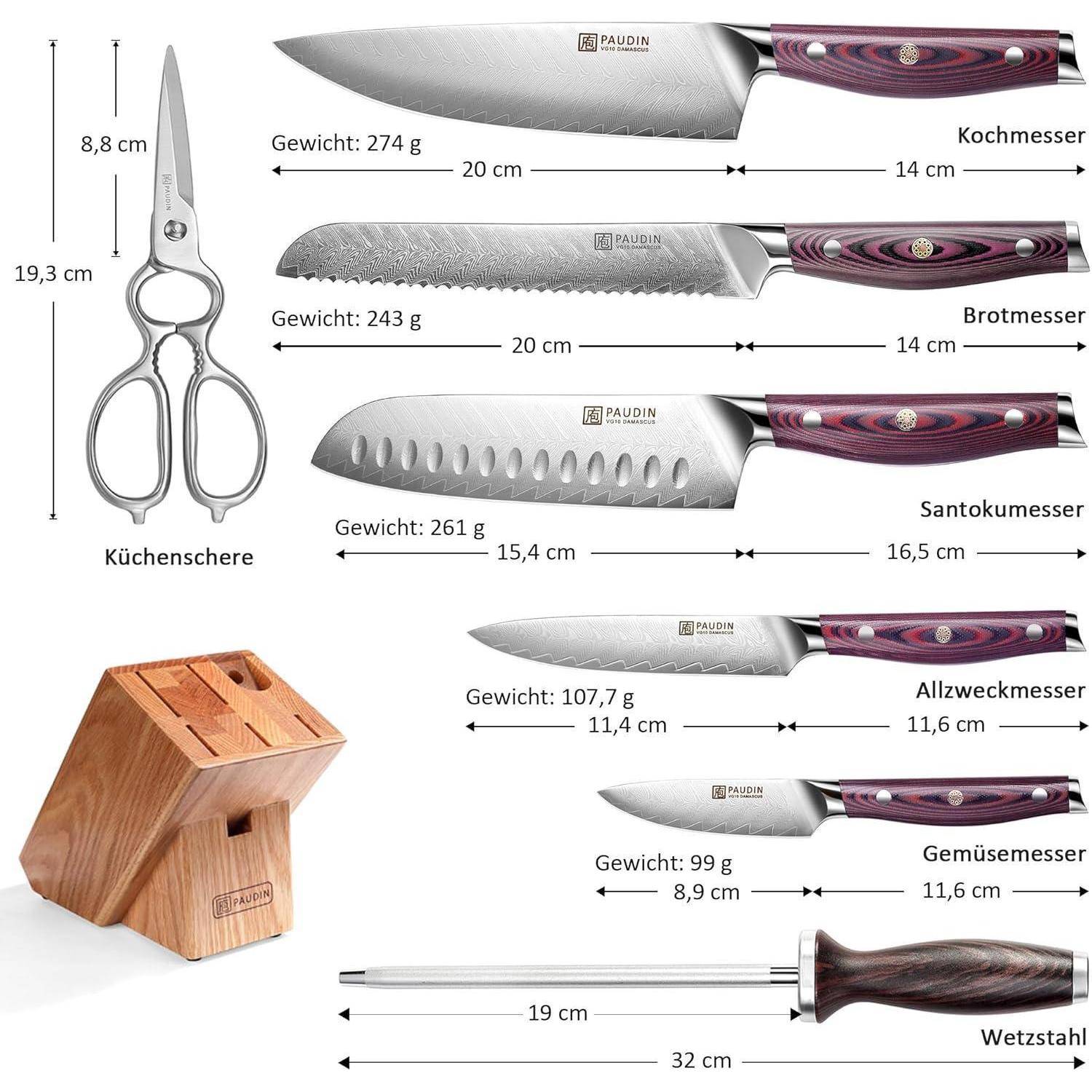 Messerset mit angezeigten Gewichten und Klingenlängen: Kochmesser, Brotmesser, Santoku, Universalmesser, Schälmesser, zusammen mit Küchenschere, Wetzstahl und Holzblock.