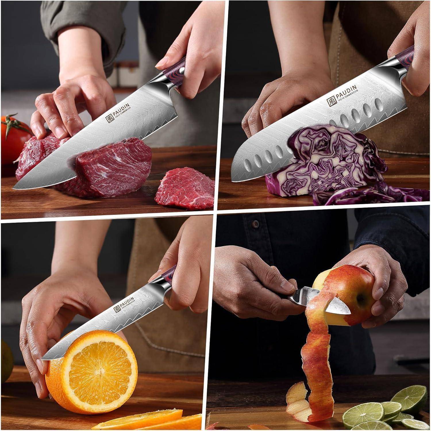 Eine Person benutzt ein Messer, um verschiedene Lebensmittel zu schneiden: rohes Fleisch, lila Kohl, eine Orange und einen Apfel zu schälen. Der Messerhersteller ist sichtbar.