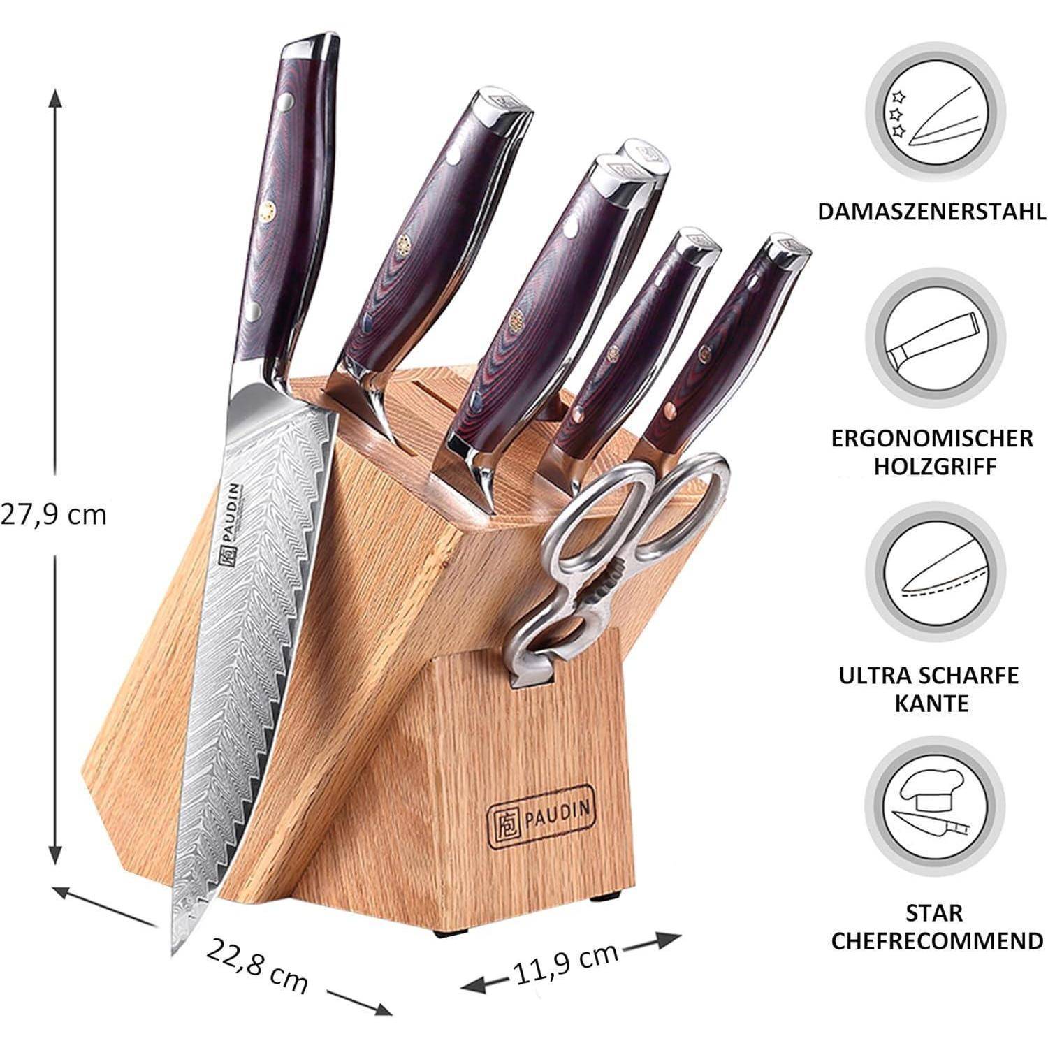 Messerset mit sechs Messern mit Holzgriffen, Küchenschere in einem Block. Seitenleisten-Symbole heben Merkmale hervor: ergonomischer Griff, scharfe Klinge.