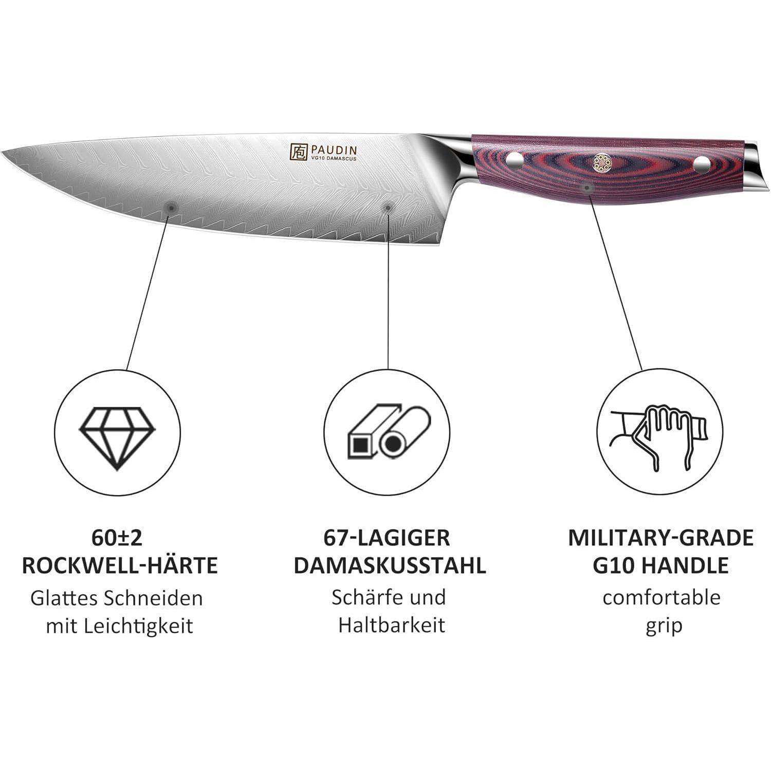 Chefmesser mit gemusterter Klinge, Griff in Militärqualität. Highlights: 60+ HRC Härte, 67-lagiger Damaszenerstahl, G10-Griff.