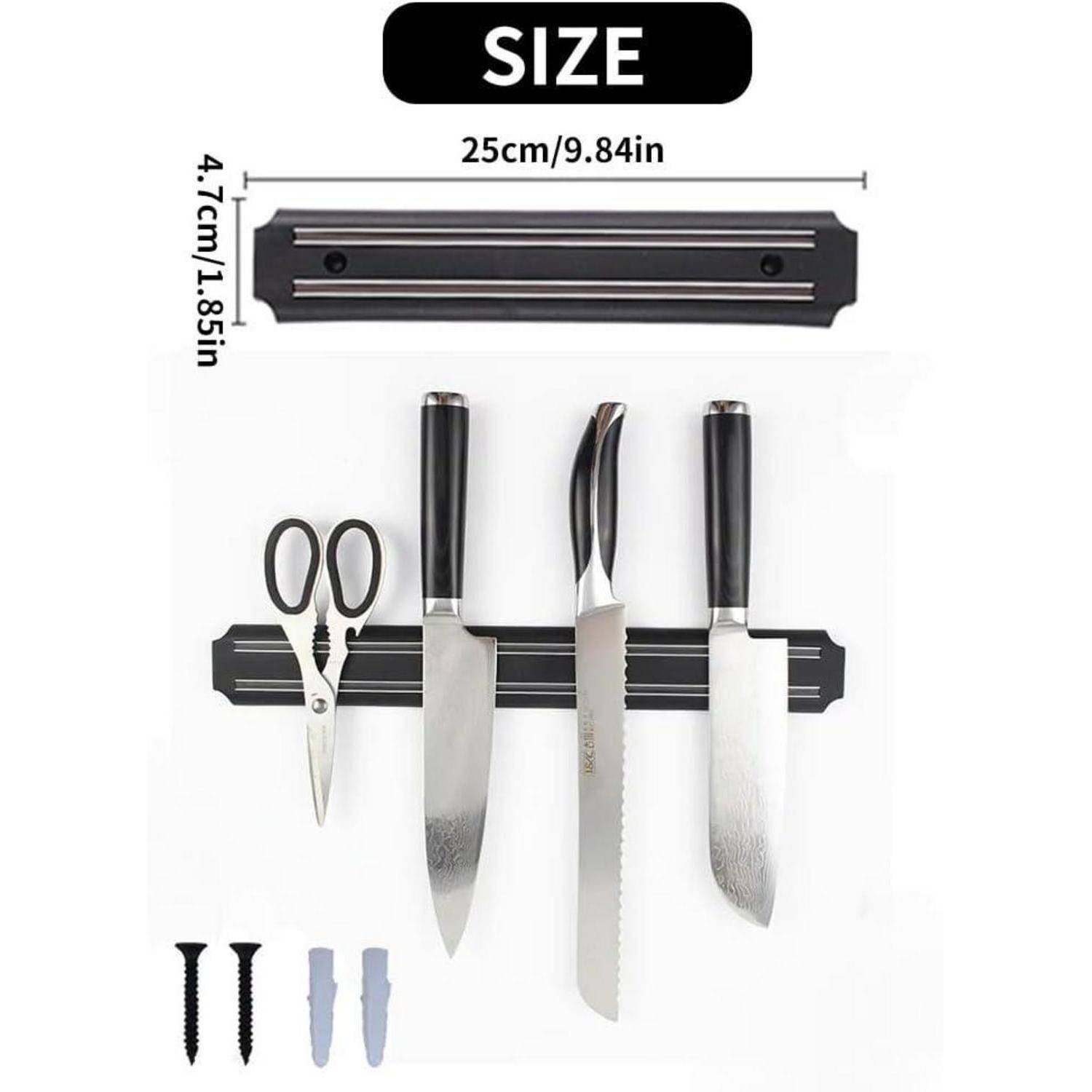 Magnetleiste zum Halten von drei Messern und einer Schere, mit Maßangaben, die eine Länge von 25 cm (9,84 Zoll) und eine Breite von 4,7 cm (1,85 Zoll) anzeigen.