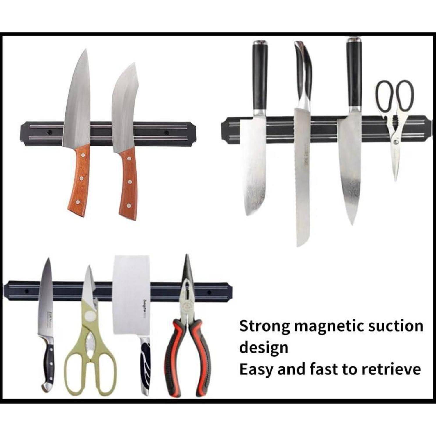 Magnetischer Messerhalter mit verschiedenen Messern, Scheren und Werkzeugen befestigt. Text lautet: Starkes magnetisches Saugdesign. Leicht und schnell zu entnehmen.