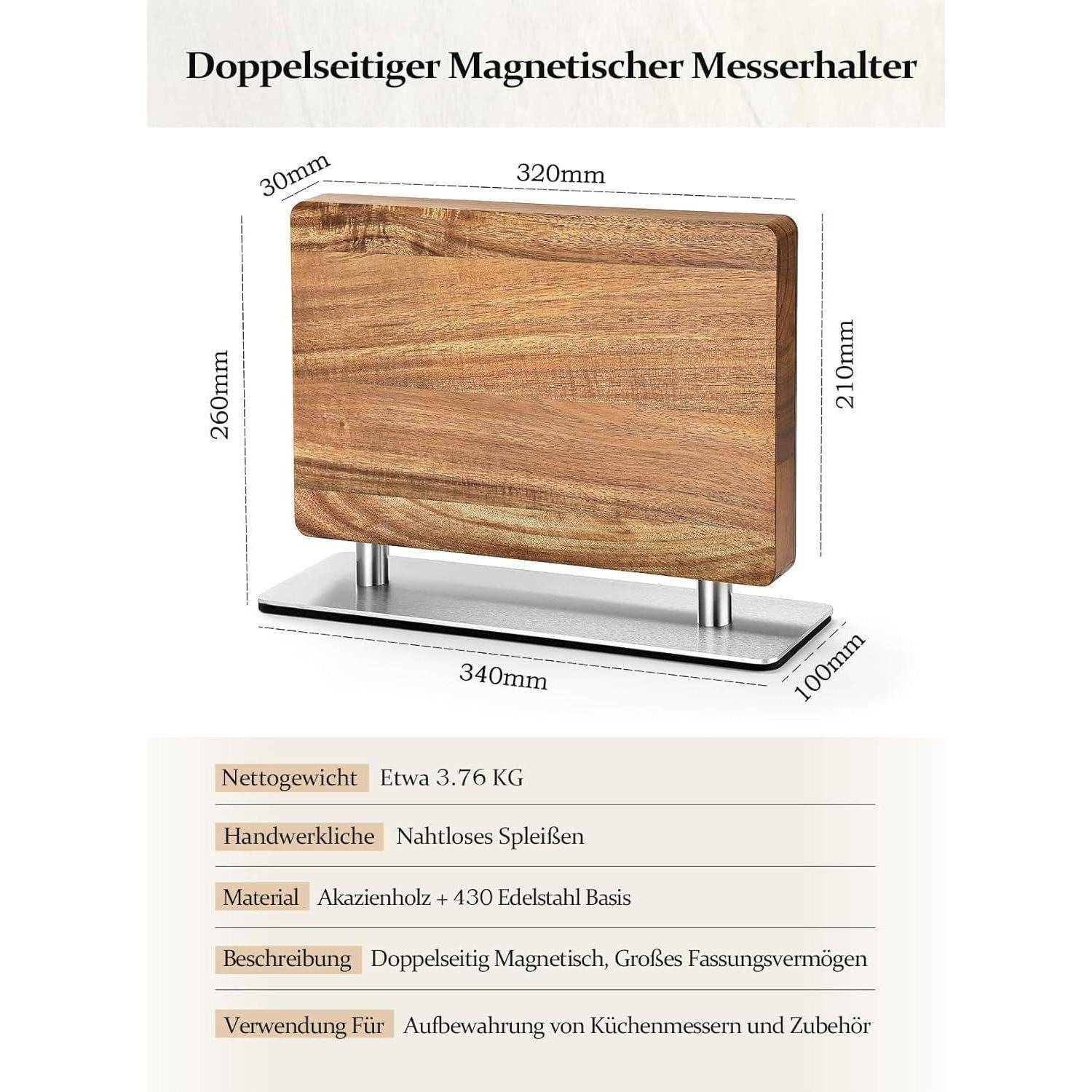 Doppelseitiger Magnetischer Messerhalter, dargestellt als Holzblock mit Metallbasis; Abmessungen: 320mm x 260mm. Verwendung: Küchenutensilien.