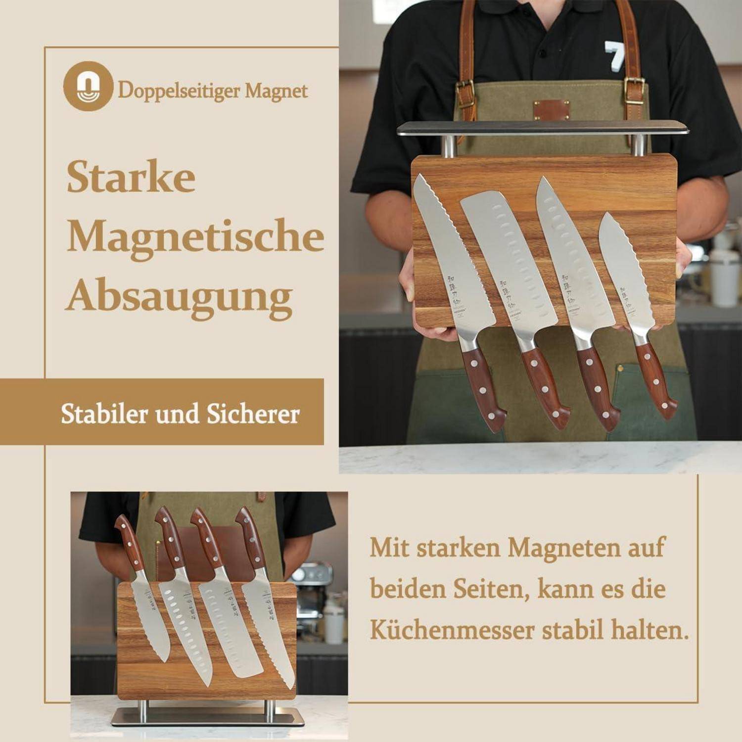 Asiatische Messer auf einem hölzernen Magnetmesserhalter ausgestellt, mit Betonung der starken magnetischen Haftung für Küchensicherheit und Stabilität.