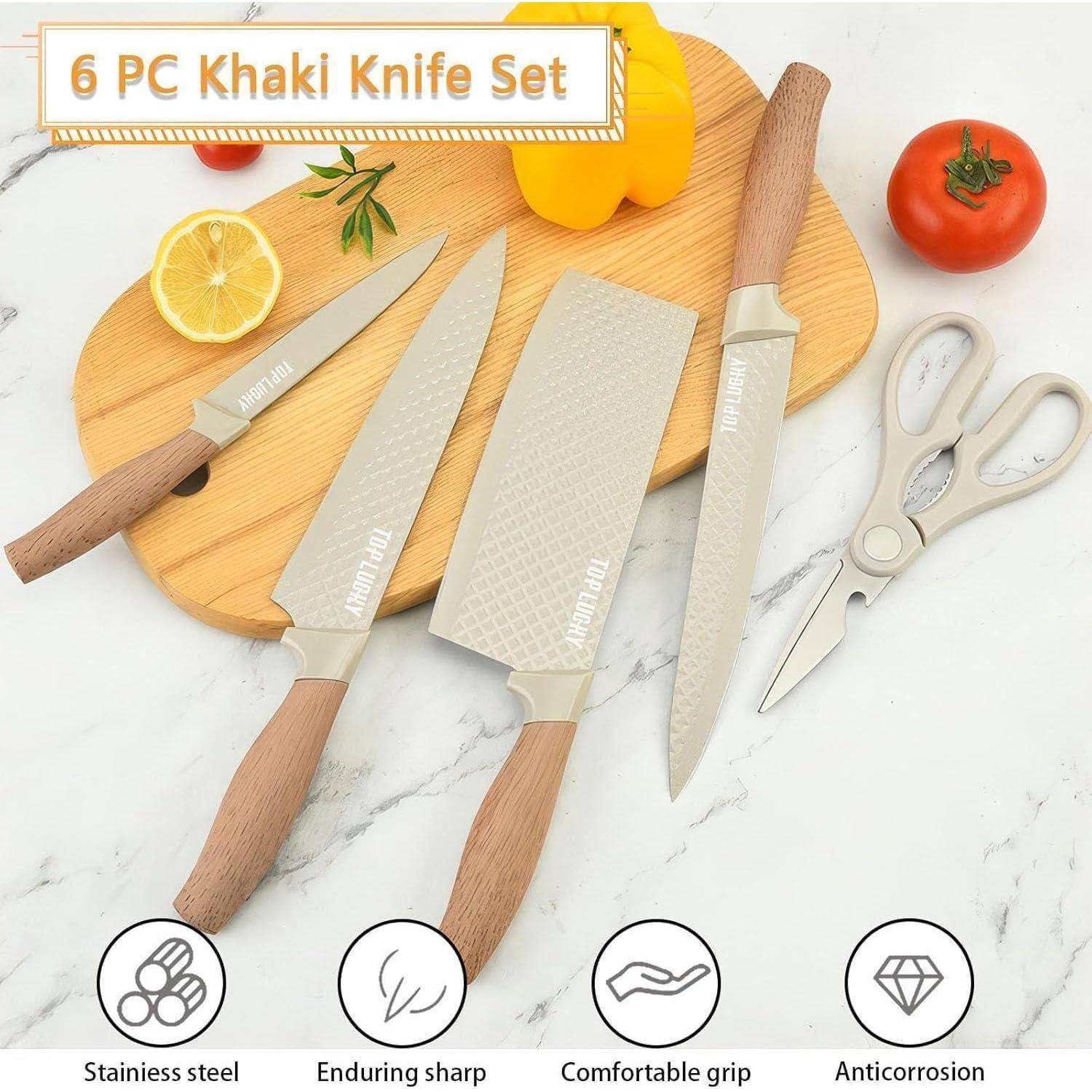 6-teiliges Khaki Messer-Set' mit drei Messern, Schere und Lebensmittelartikeln. Eigenschaften: Edelstahl, anhaltende Schärfe, komfortabler Griff, korrosionsbeständig.