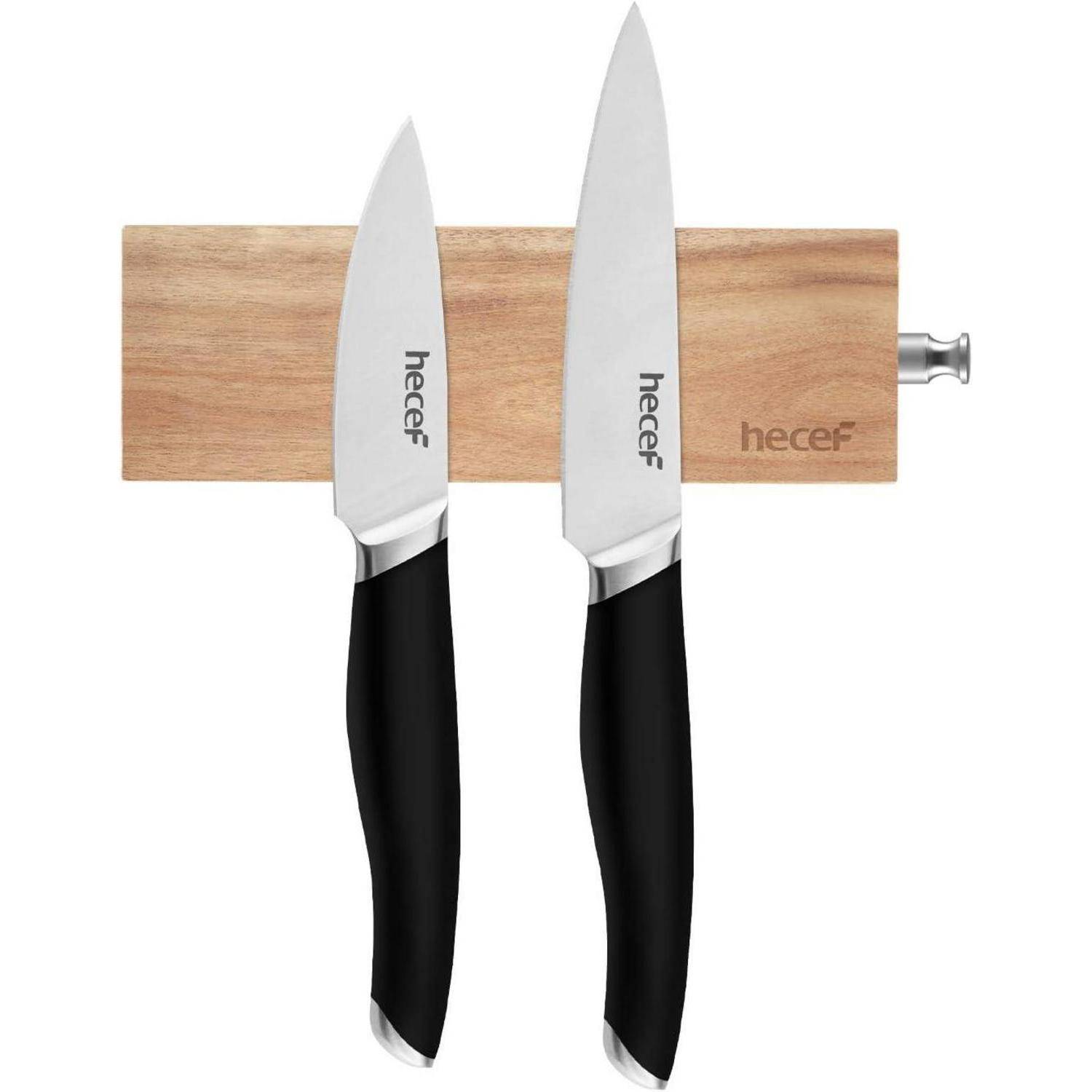 Zwei Messer mit schwarzen Griffen sind an einer Holz-Magnetschiene befestigt. Der Markenname 'hecef' ist auf den Klingen sichtbar.