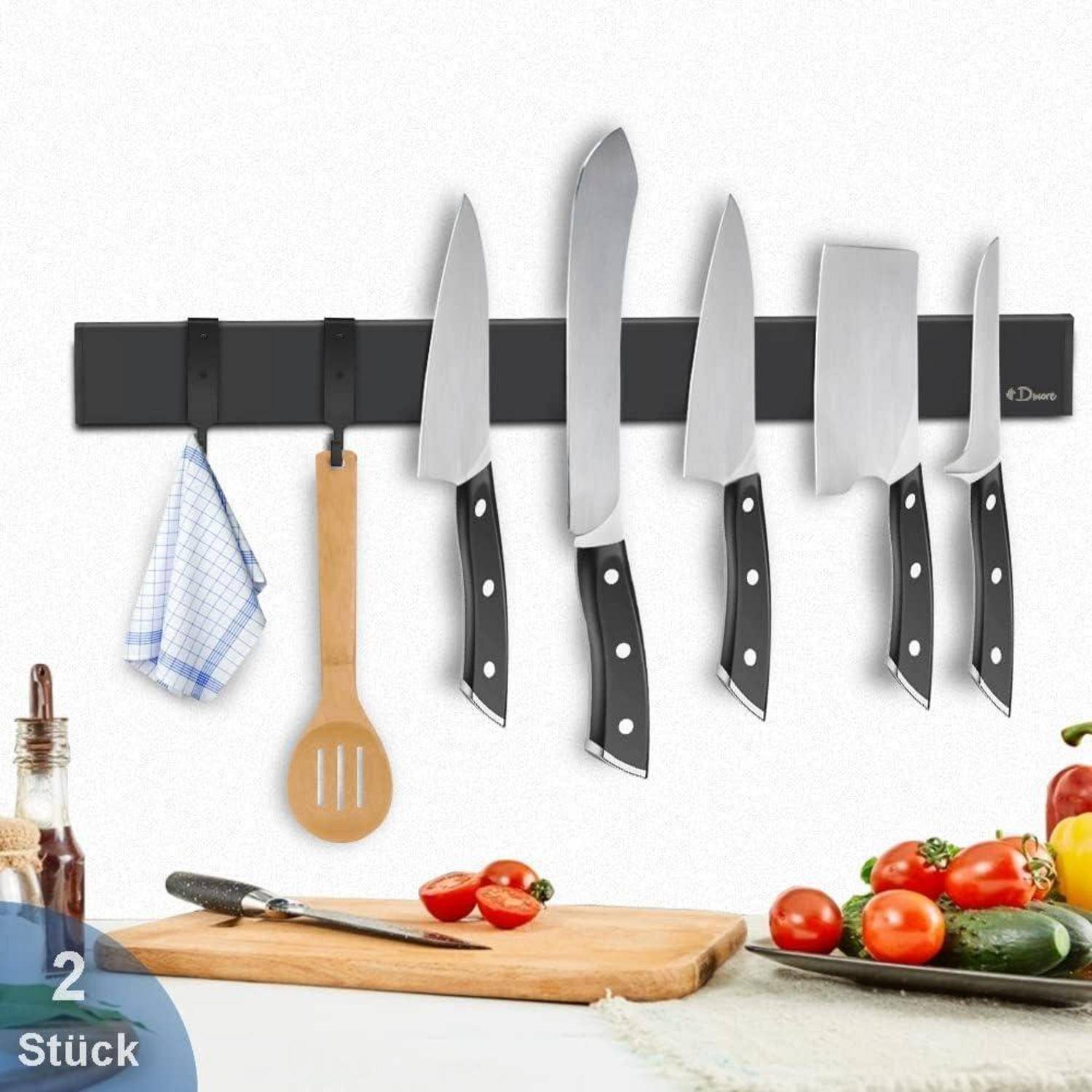 2er Set Magnetleiste Messer 40 cm schwarz mit Haken - Edelstahl Magnet