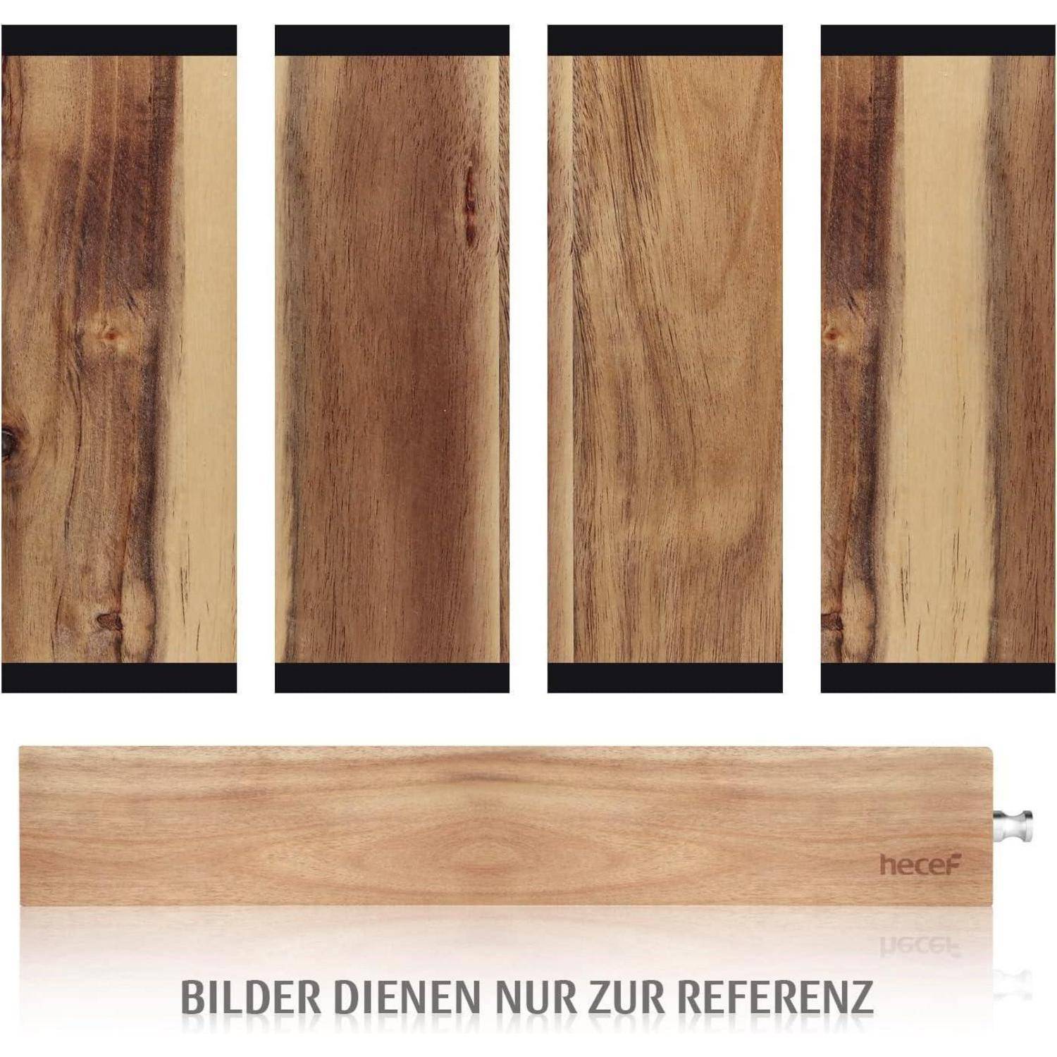 Vier Holzbretter mit schwarzen Kanten und ein fünftes langes Brett, unten mit 'hecef' beschriftet. Deutscher Text: 'Bilder dienen nur zur Referenz'.