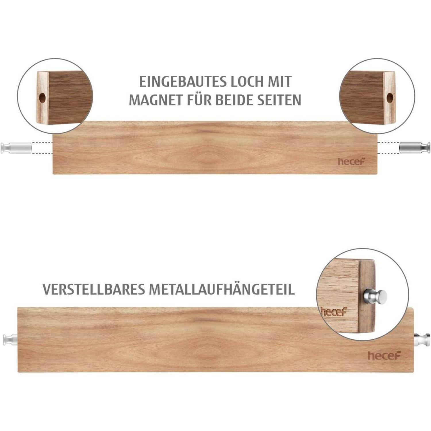 Holzkleiderbügel mit dem Text 'Eingebautes Loch mit Magnet für beide Seiten' und 'Verstellbares Metallaufhängteil', der seine magnetische Funktion zeigt.
