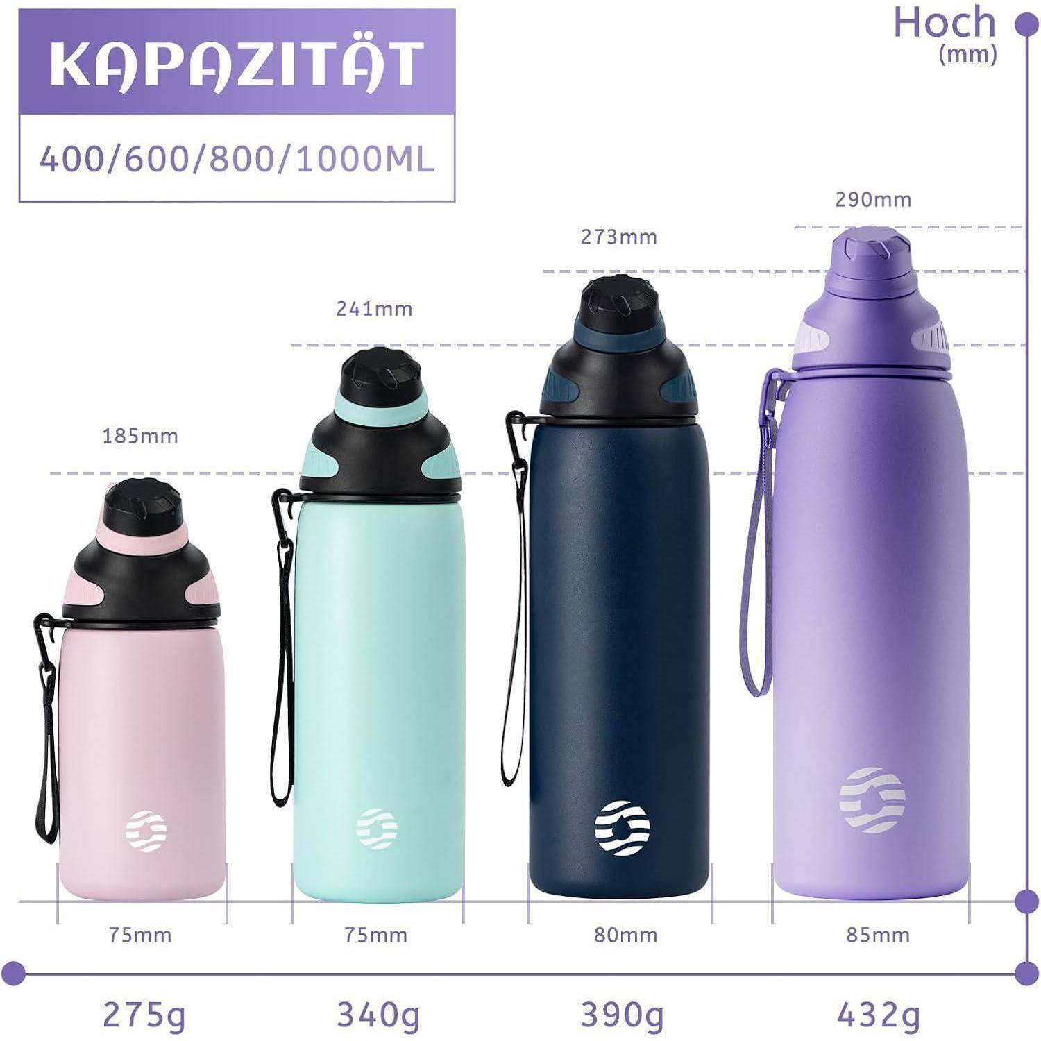 Kapazität 400/600/800/1000 ml Flaschen in Rosa, Grün, Schwarz und Lila mit Höhen von 185 mm bis 290 mm, Gewichte von 275 g bis 432 g.