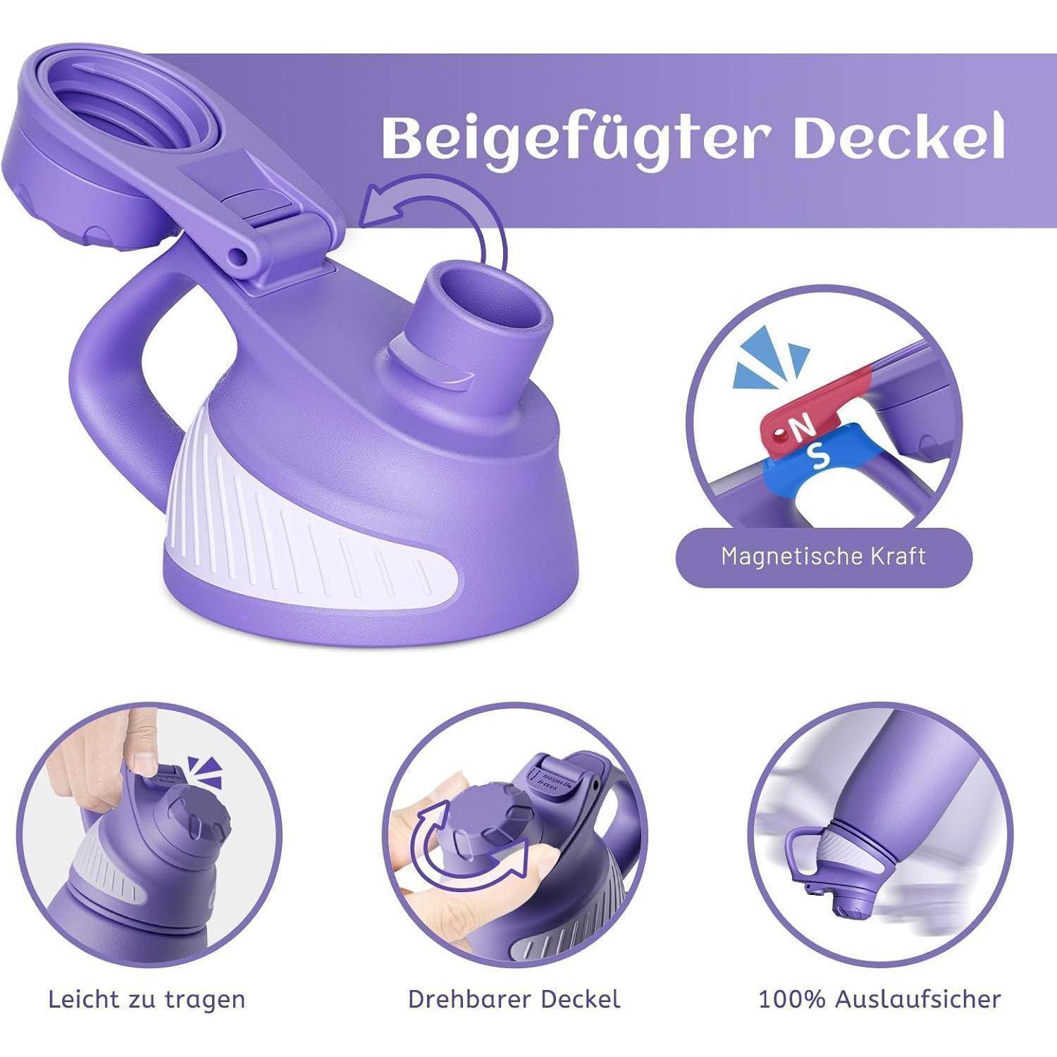 Ein lila Wasserflaschendeckel mit einer Schlaufe und einem drehbaren Deckel. Eingesetzte Bilder zeigen magnetische Kraft, einen einfach zu tragenden Riemen, einen drehbaren Deckel und ein auslaufsicheres Design. Text liest sich 'Beigefügter Deckel'.