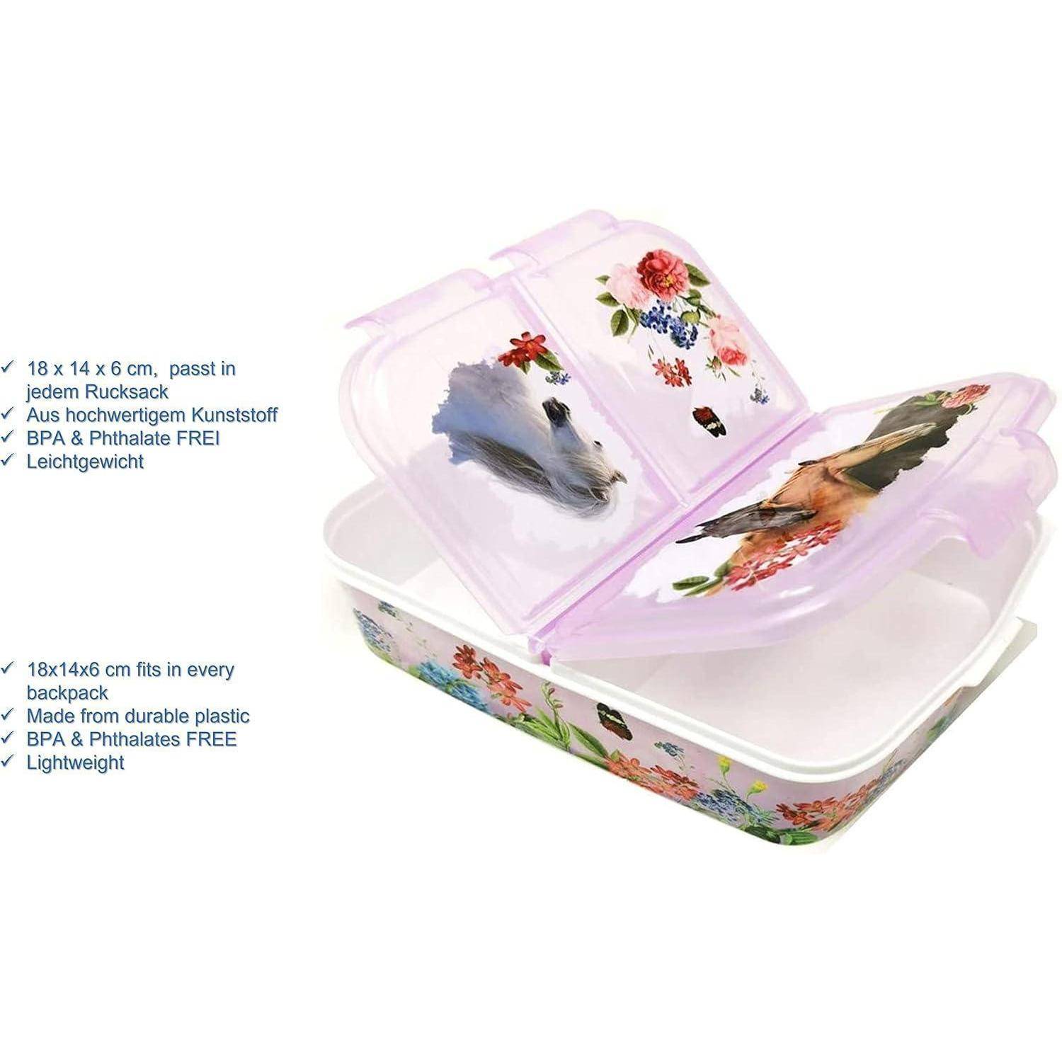 Lila Lunchbox mit Blumendesign, zwei Fächern und transparenten Deckeln. Kompakte Größe: 18x14x6 cm. Hergestellt aus BPA-freiem Kunststoff.