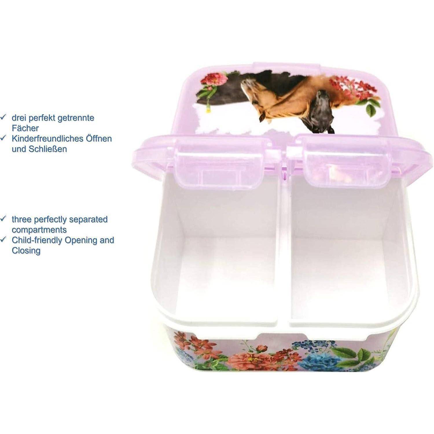 Eine offene Lunchbox mit zwei Fächern, Blumendesign und kindgerechten Motiven auf dem Deckel. Der Text hebt kinderfreundliche Öffnungsfunktionen hervor.