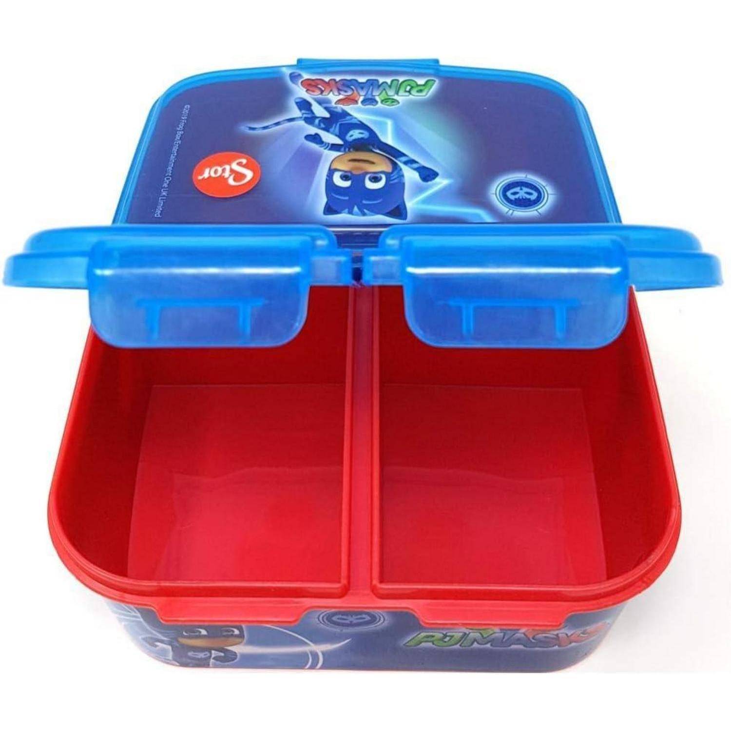 Blau-rote Brotdose mit PJ Masks Superhelden-Cartoon-Design, ausgestattet mit zwei Fächern zur Lebensmittelaufbewahrung.