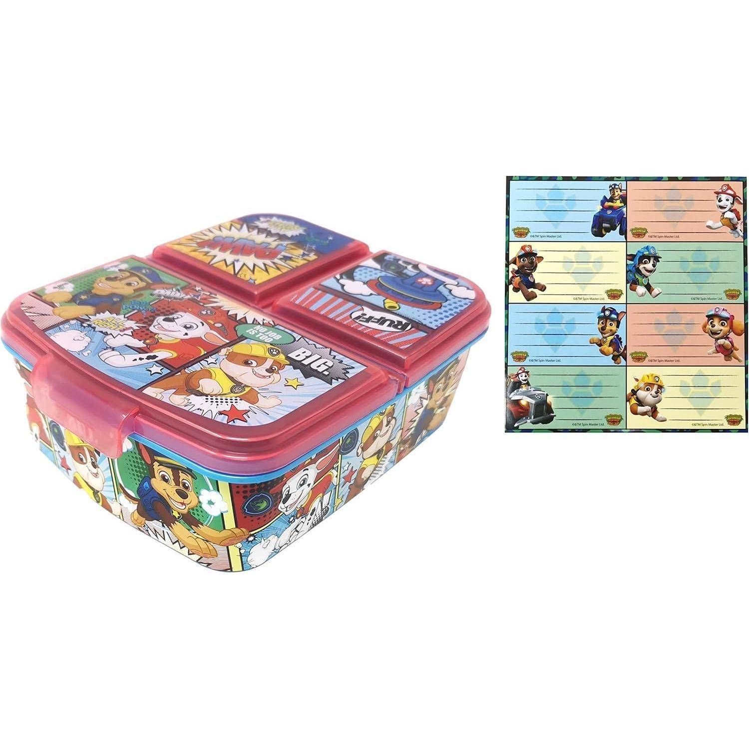 Eine farbenfroh gestaltete Lunchbox mit Cartoon-Charakteren, hauptsächlich Hunden, aus einer Zeichentrickserie, mit separaten Abschnitten für Notizen oder Etiketten.