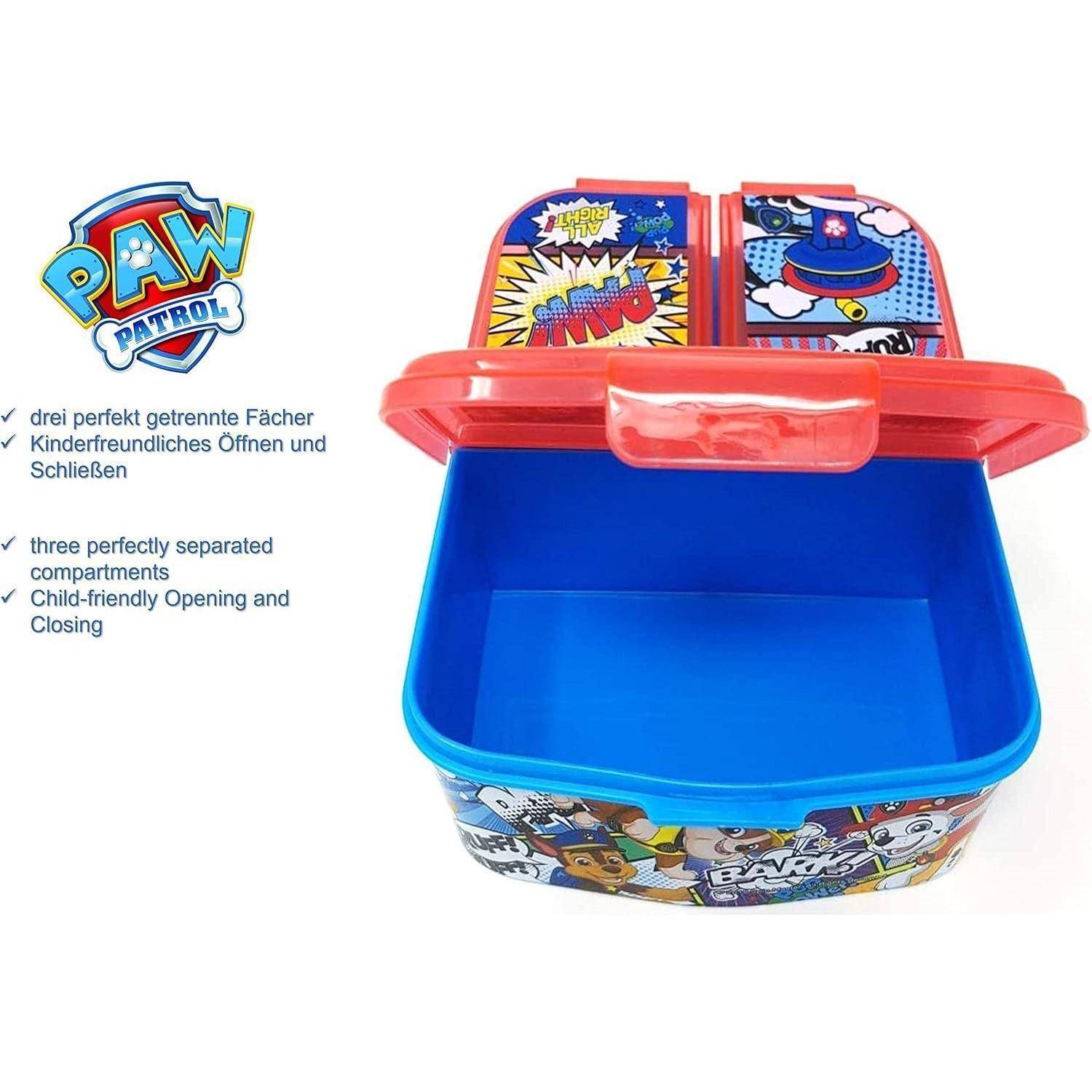 PAW Patrol' Brotdose mit drei Fächern. Verfügt über kinderfreundliches Öffnen und Schließen.