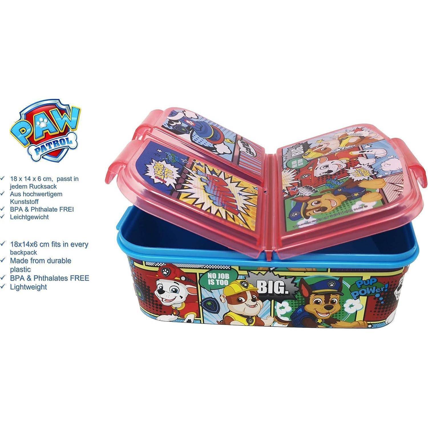 Eine farbenfrohe 'Paw Patrol' Brotdose mit Zeichentrickfiguren, Sprechblasen und dem Text 'Keine Aufgabe ist zu groß'. Leicht und passt in jeden Rucksack.