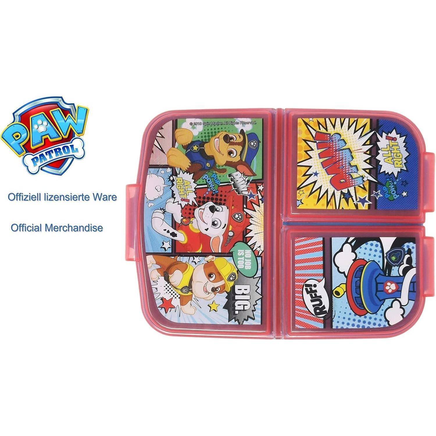 Paw Patrol' Logo, Brotdose mit Comicfiguren und Soundeffekt-Grafiken wie 'Wow!' und 'Puff!'. Offizielles Merchandise-Etikett.