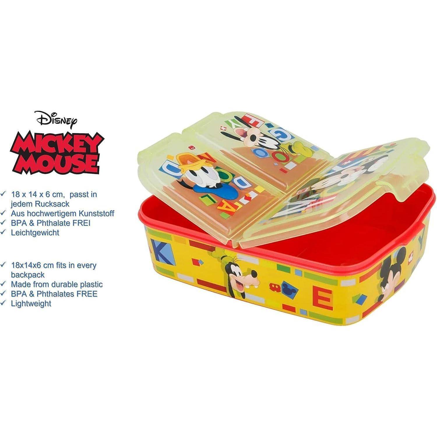Farbenfrohe Mickey Mouse-Lunchbox mit offenem Deckel, der verschiedene Fächer zeigt. Der Text hebt die Größe, das BPA-freie Material und die Transportfähigkeit hervor.