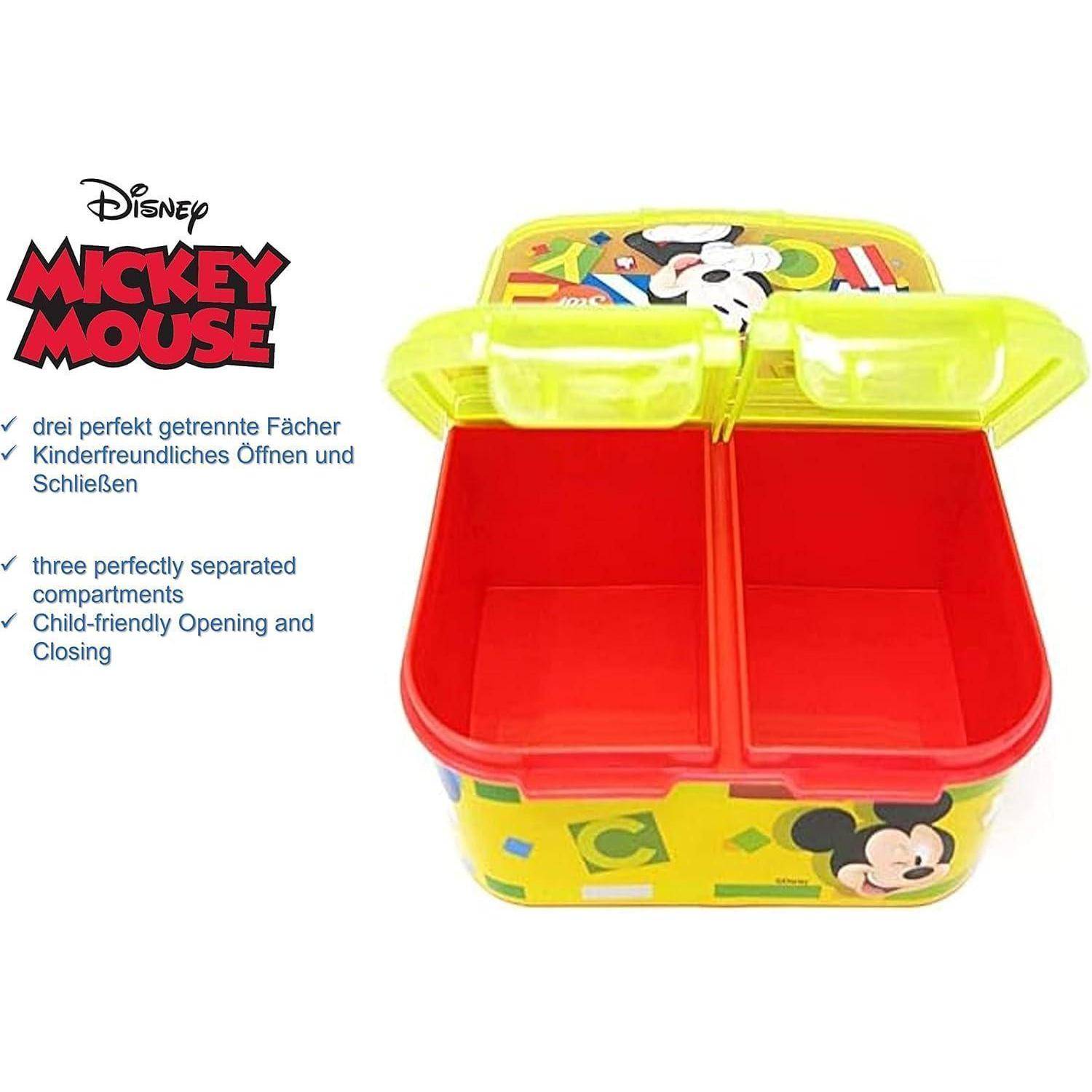 Gelbe Mickey Mouse-Brotdose mit drei Fächern, kinderfreundlichem Öffnungs- und Schließmechanismus.