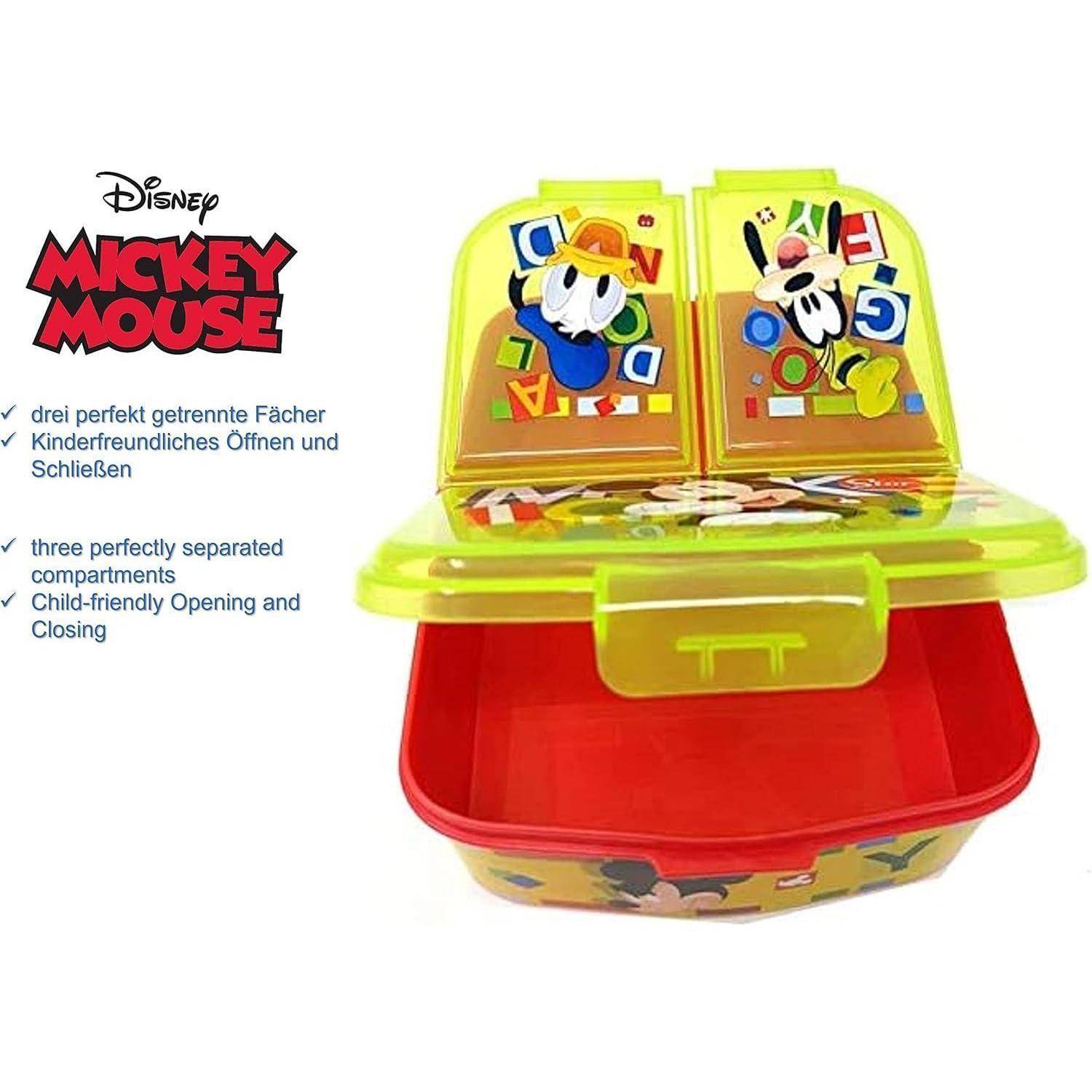 Disney Mickey Mouse Brotdose mit drei separaten Fächern, die ein illustriertes Design aufweist. Als kinderfreundlich beim Öffnen und Schließen beschrieben.