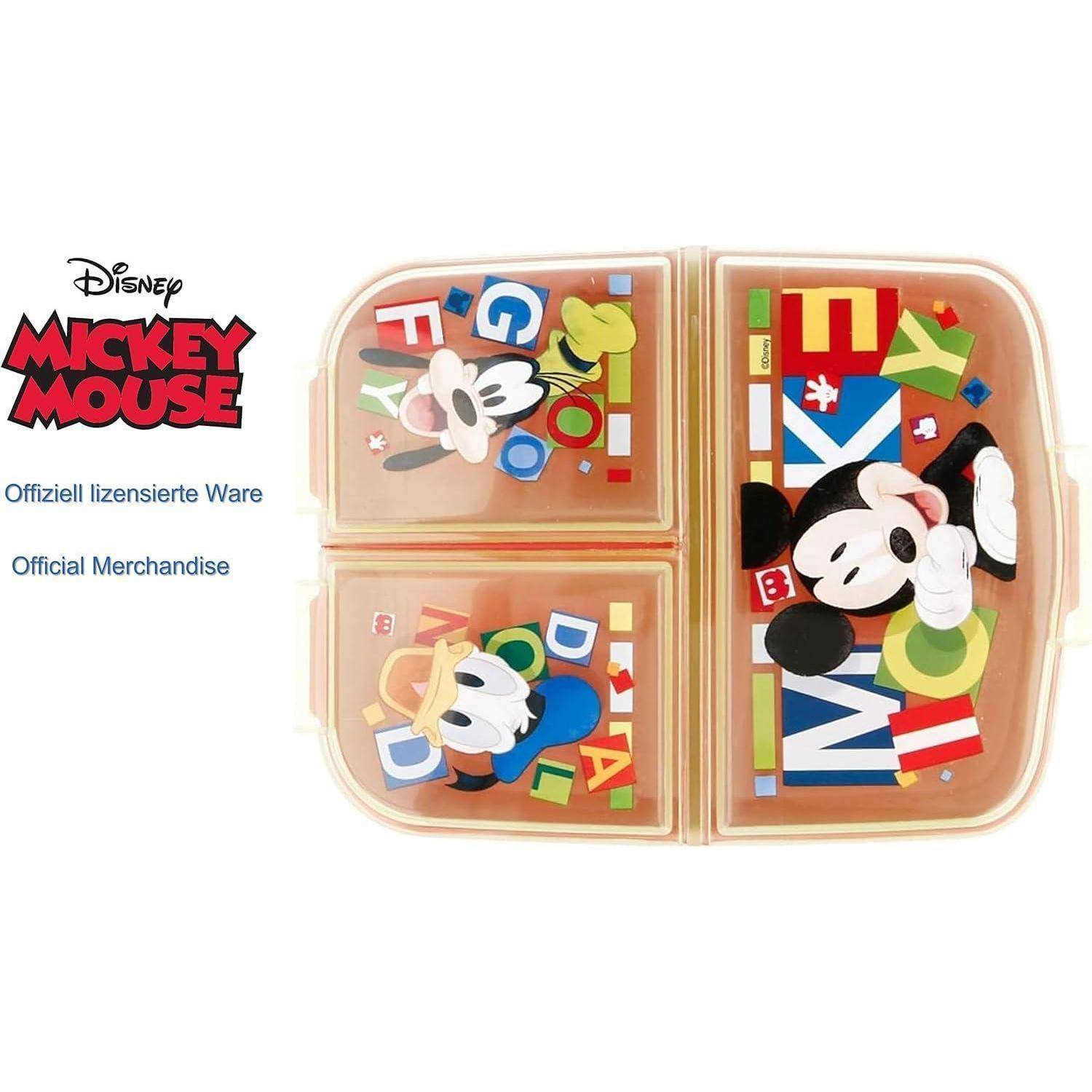 Mickey Maus und Donald Duck, die in einer Kinder-Brotdose mit bunten Buchstaben und Fahnen abgebildet sind. Text lautet: Offizielles Merchandise.