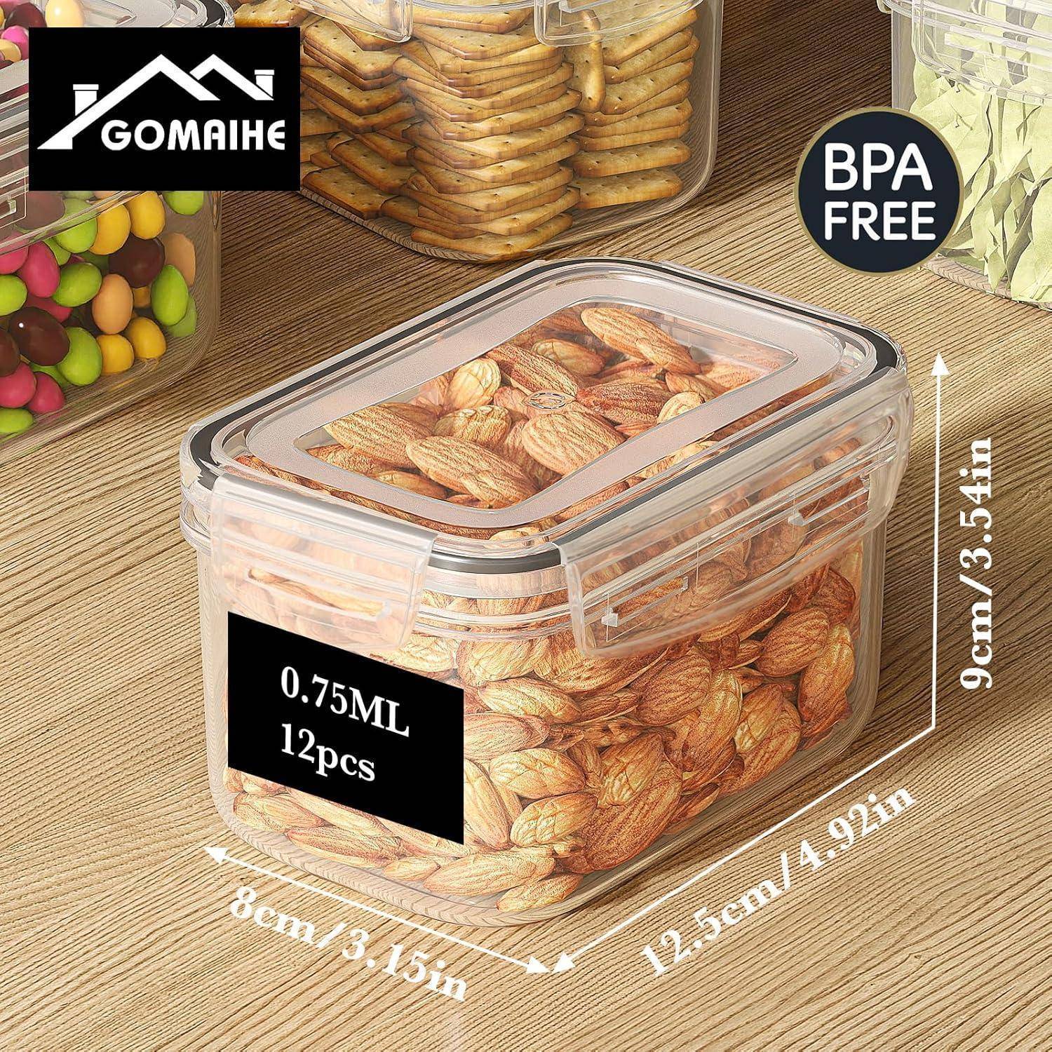 Lebensmittel-Aufbewahrungsbehälter gefüllt mit Snacks, gekennzeichnet mit '0,75 ML 12 Stück', Abmessungen angegeben als 12,5 cm/4,92 Zoll x 8 cm/3,15 Zoll x 9 cm/3,54 Zoll, beschriftet mit 'BPA-frei'.