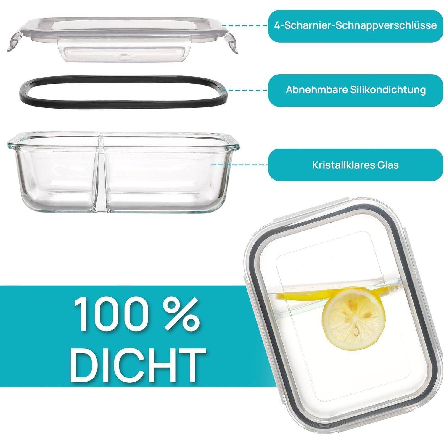 Glaslebensmittelbehälter mit geteilten Fächern, herausnehmbarer Silikonversiegelung, vier Verschlussclips, mit der Aufschrift '100% DICHT' zur Kennzeichnung der Luftdichtigkeit.