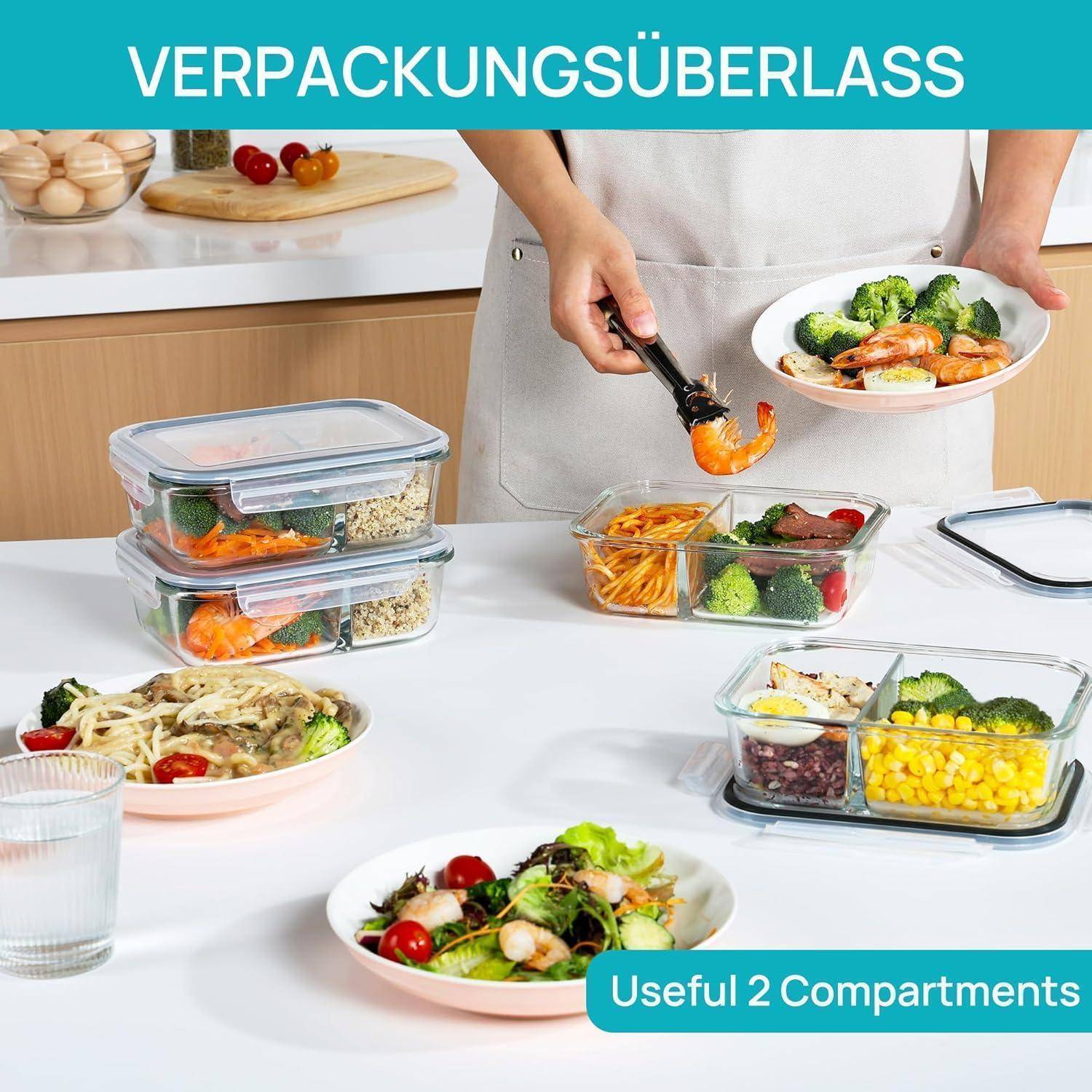 Ein Mensch ordnet Meal-Prep-Behälter mit Gemüse und Pasta in einer Küche an. Text oben liest sich 