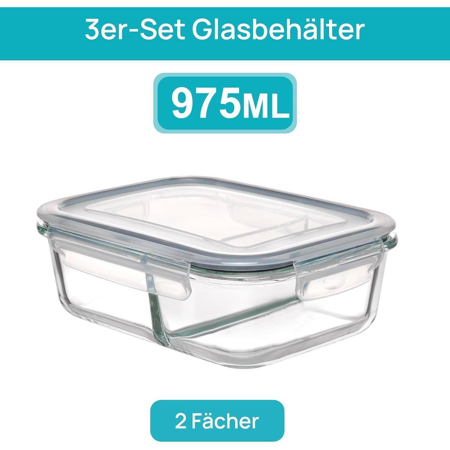 Ein transparenter Glascontainer mit zwei Fächern, Teil eines 3er-Sets Glasbehälter, mit einem Fassungsvermögen von bis zu 975 ML.