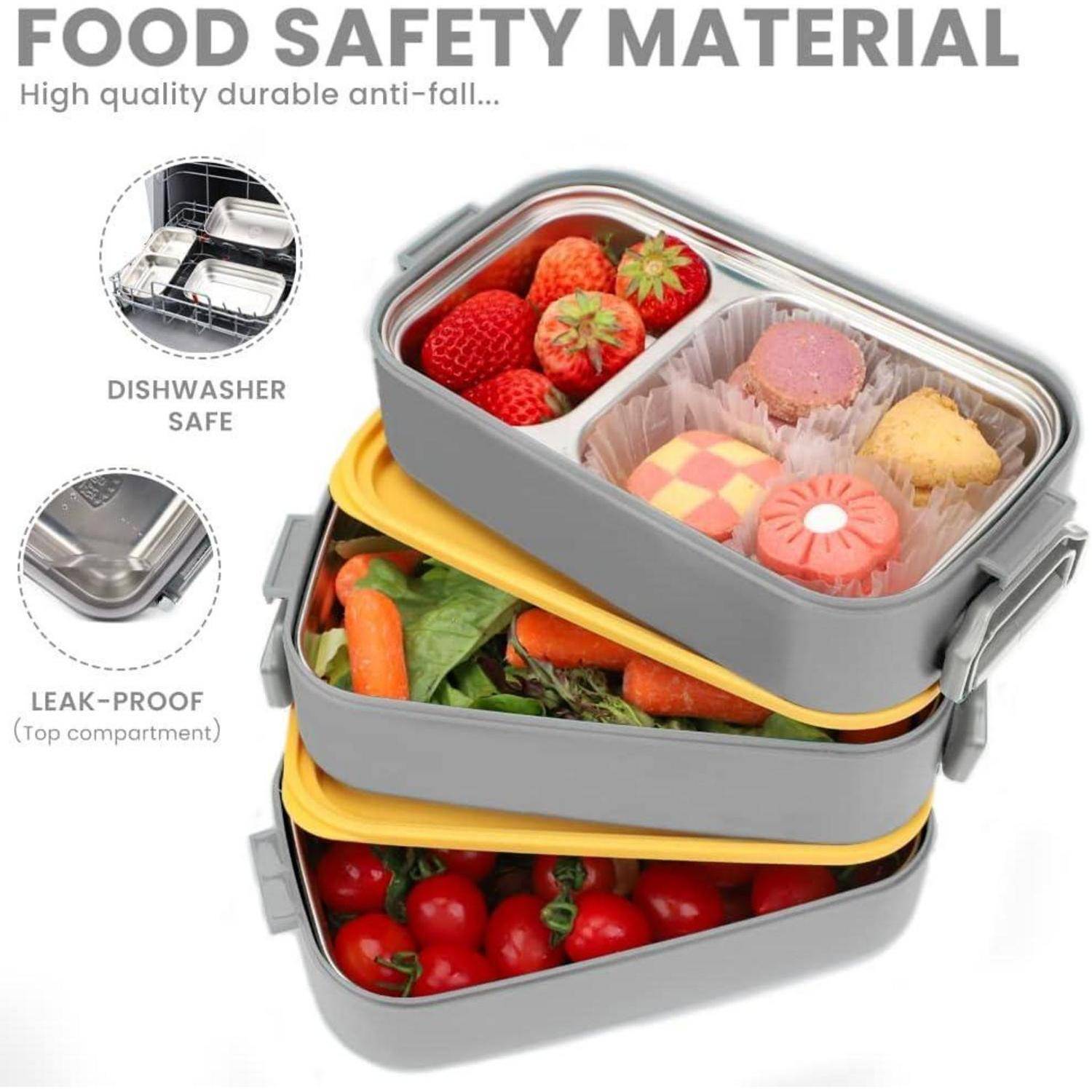 Gestapelte Lunchboxen mit Obst, Gemüse und Desserts. Text hebt hervor: 