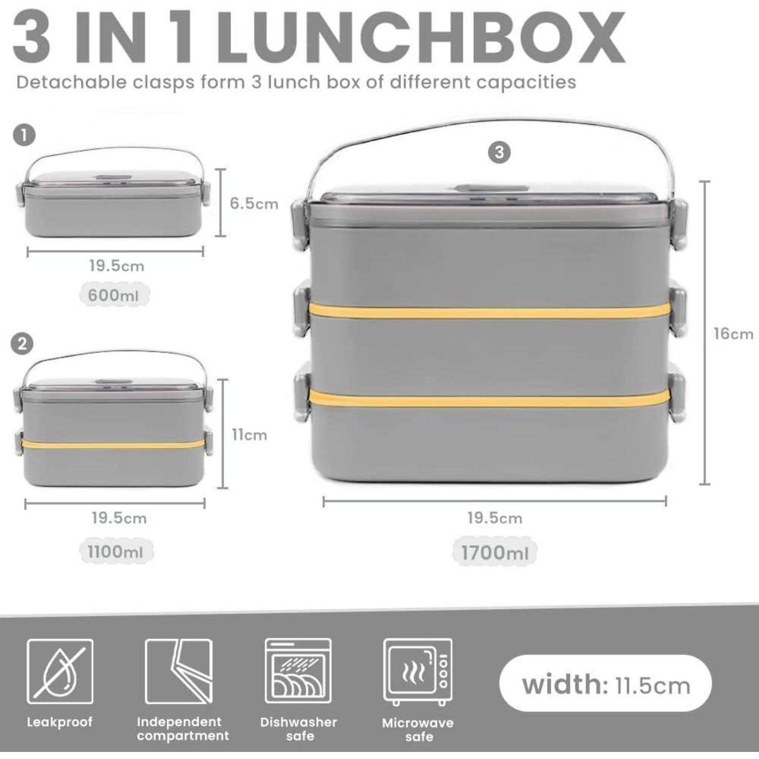 3 in 1 Lunchbox' mit abnehmbaren Schnallen und verschiedenen Kapazitäten: 600ml, 1100ml, 1700ml. Funktionen umfassen Auslaufsicherheit, Mikrowellengeeignetheit und Geschirrspülmaschinenfestigkeit.