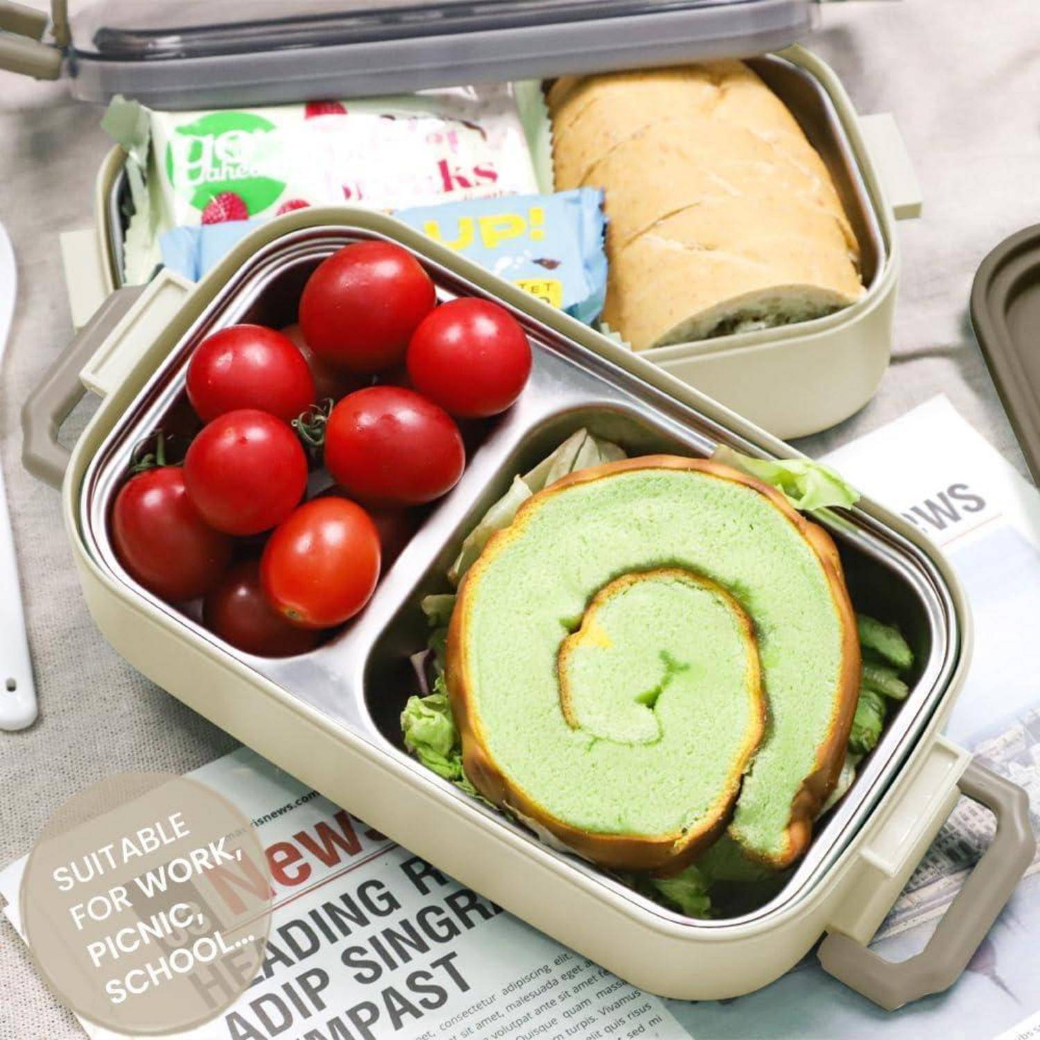 Lunchbox Bento Auslaufsicher Luftdicht Fächer Edelstahl 1100ml beige