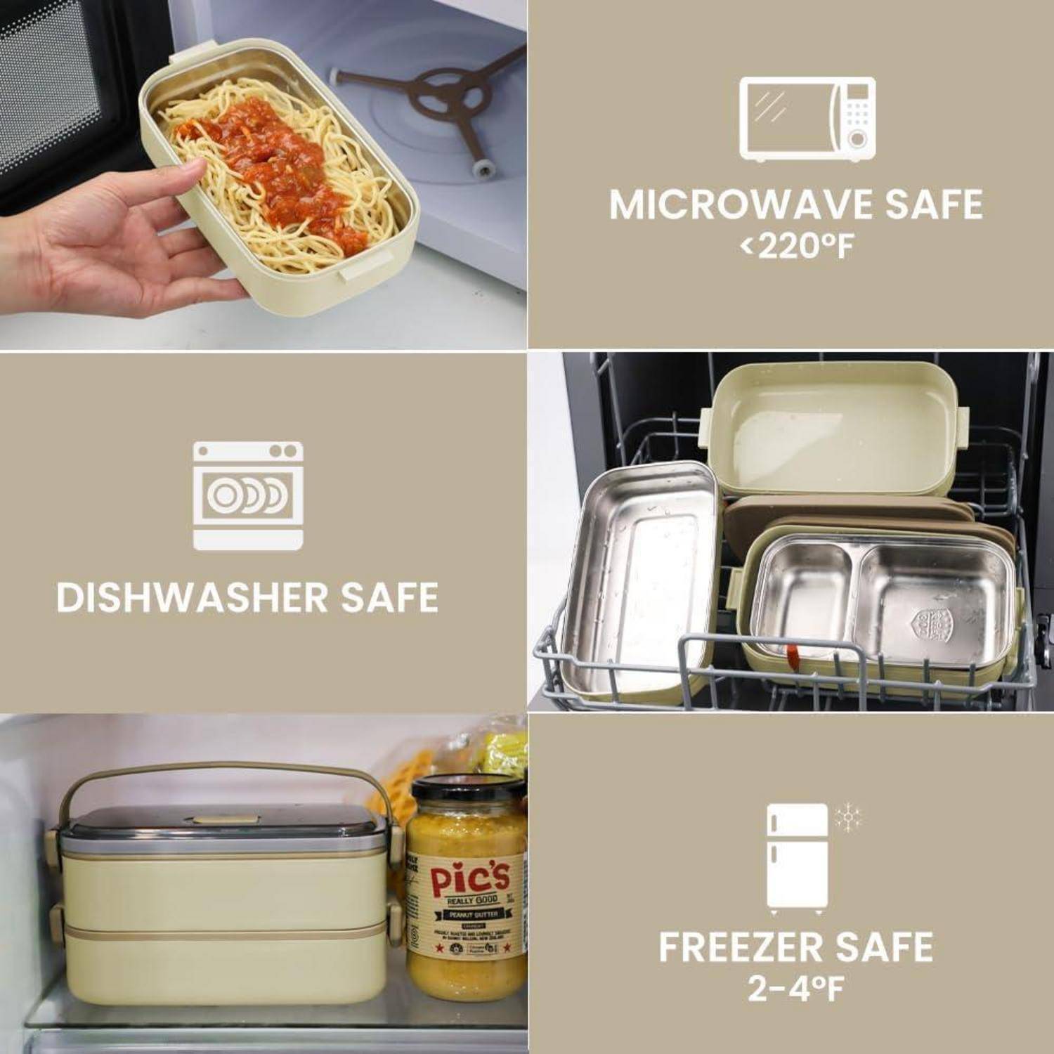 Lunchbox Bento Auslaufsicher Luftdicht Fächer Edelstahl 1100ml beige