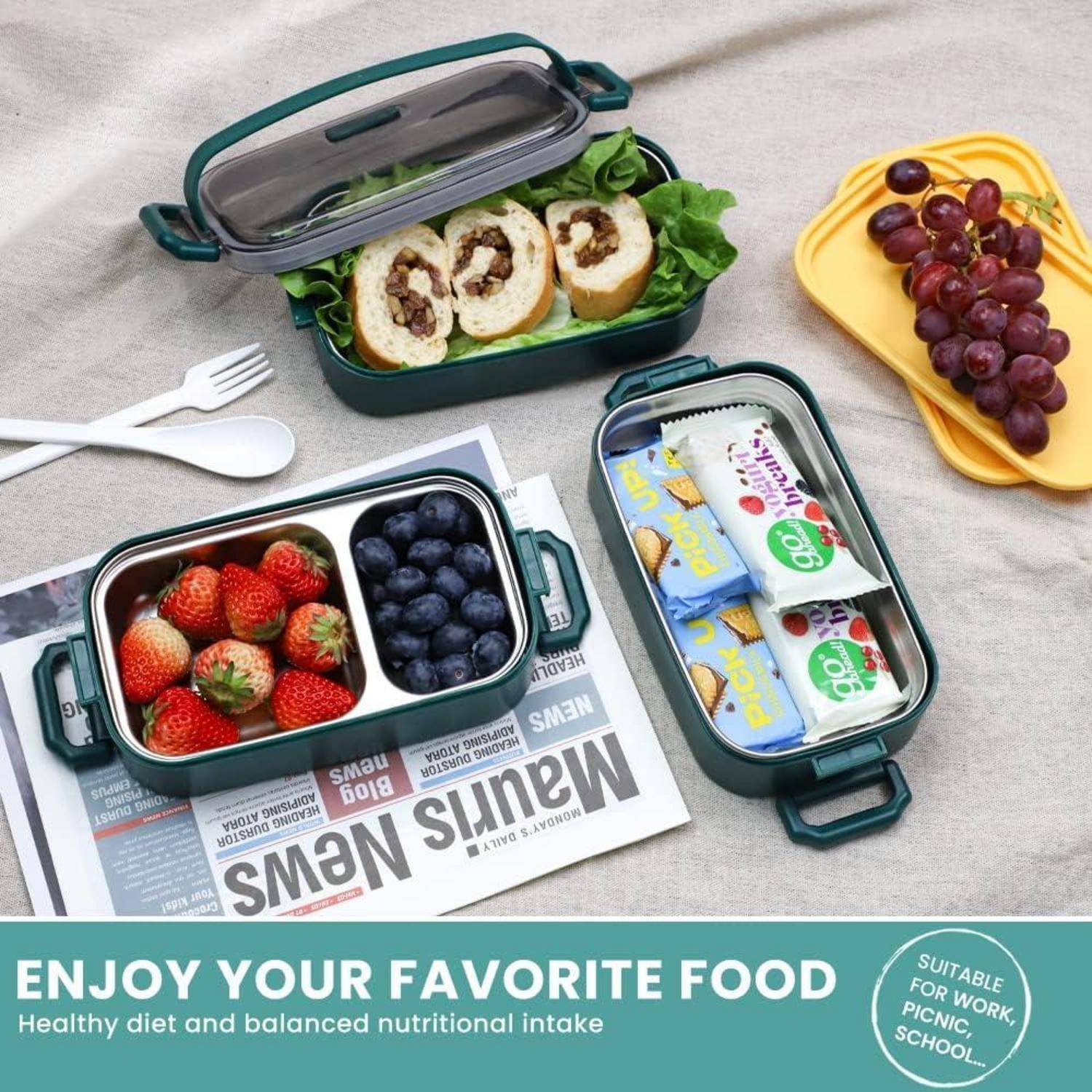 Lunchbox Brotdose Bento Auslaufsicher Edelstahl Edelstahl 1700ml-grün