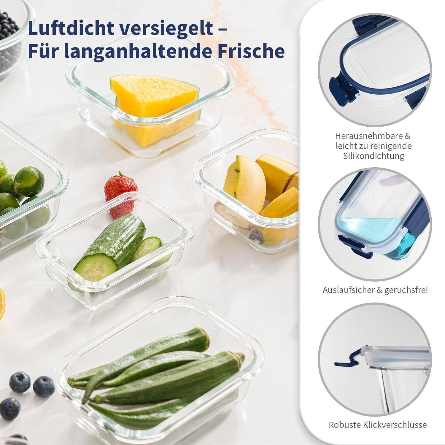 Glaslagerbehälter mit Silikonversiegelungen umfasst eine Übersicht von Eigenschaften wie Luftdichtigkeit und Haltbarkeit, mit verschiedenen Lebensmitteln im Inneren.
