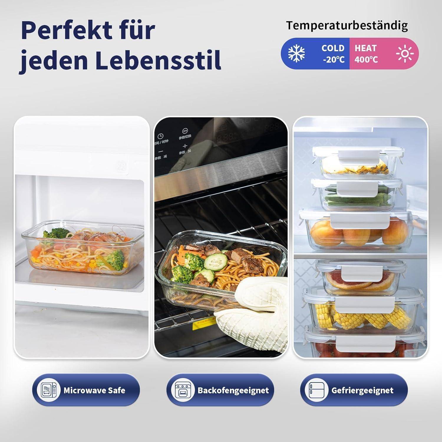 Glasbehälter im Kühlschrank, Ofen und Gefrierschrank zeigen Vielseitigkeit. Text auf Deutsch: 'Perfekt für jeden Lebensstil'. Etiketten: mikrowellengeeignet, ofenfest, gefrierschranktauglich, hitzebeständig.