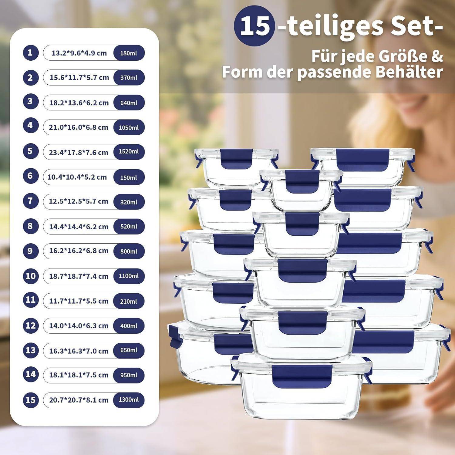 Ein Set von 15 transparenten Behältern mit blauen Deckeln, die jeweils mit Größenangaben von 150 ml bis 1800 ml beschriftet sind.