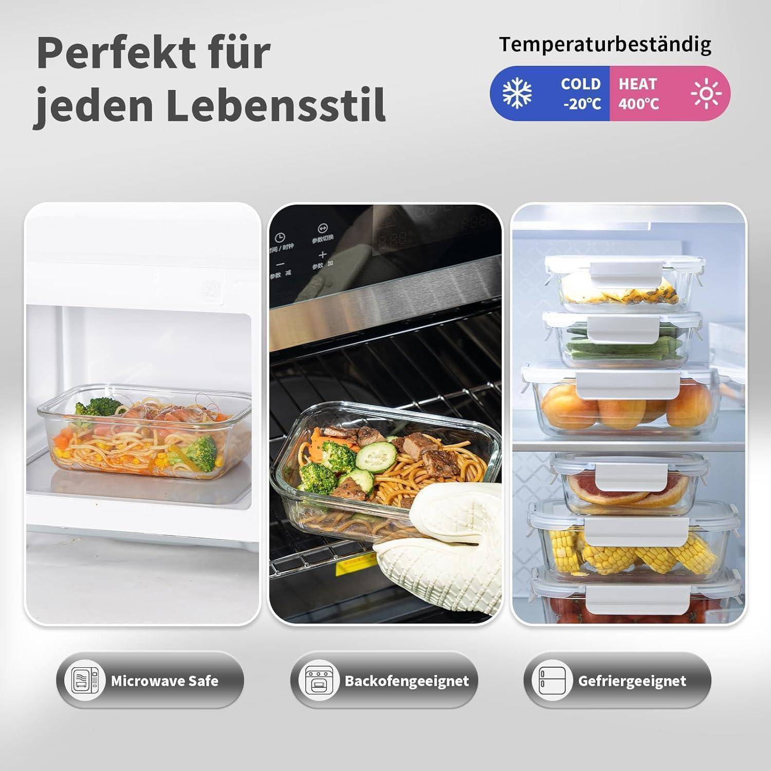 Reihe von Glasbehältern mit Lebensmitteln, die in einem Kühlschrank, einem Ofen und einem Gefrierschrank gezeigt werden. Der Text im Bild hebt die Temperaturbeständigkeit und Vielseitigkeit hervor.