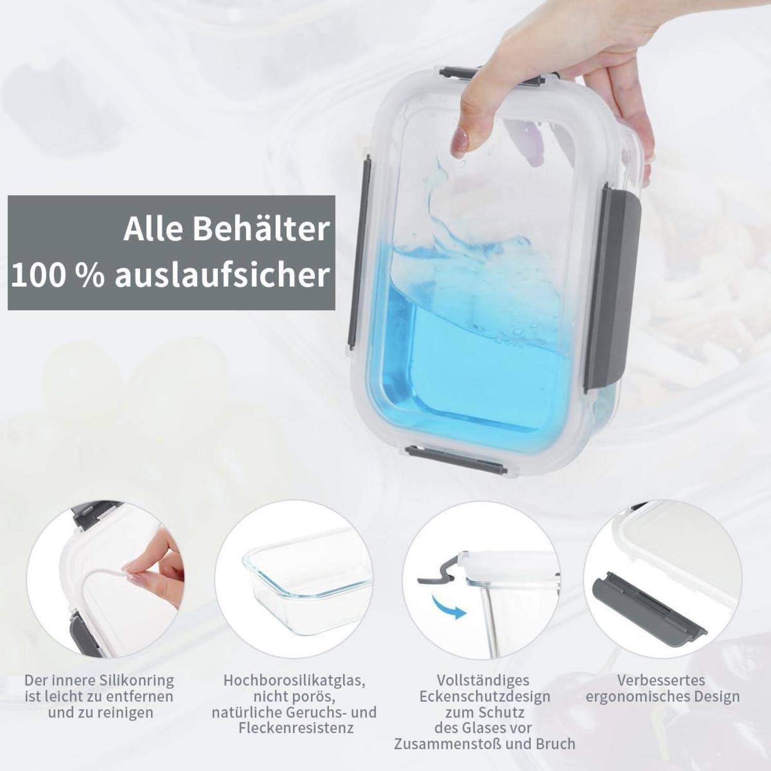 Eine Hand hält einen durchsichtigen Behälter, der mit blauer Flüssigkeit gefüllt ist. Text lautet: 'Alle Behälter 100% auslaufsicher