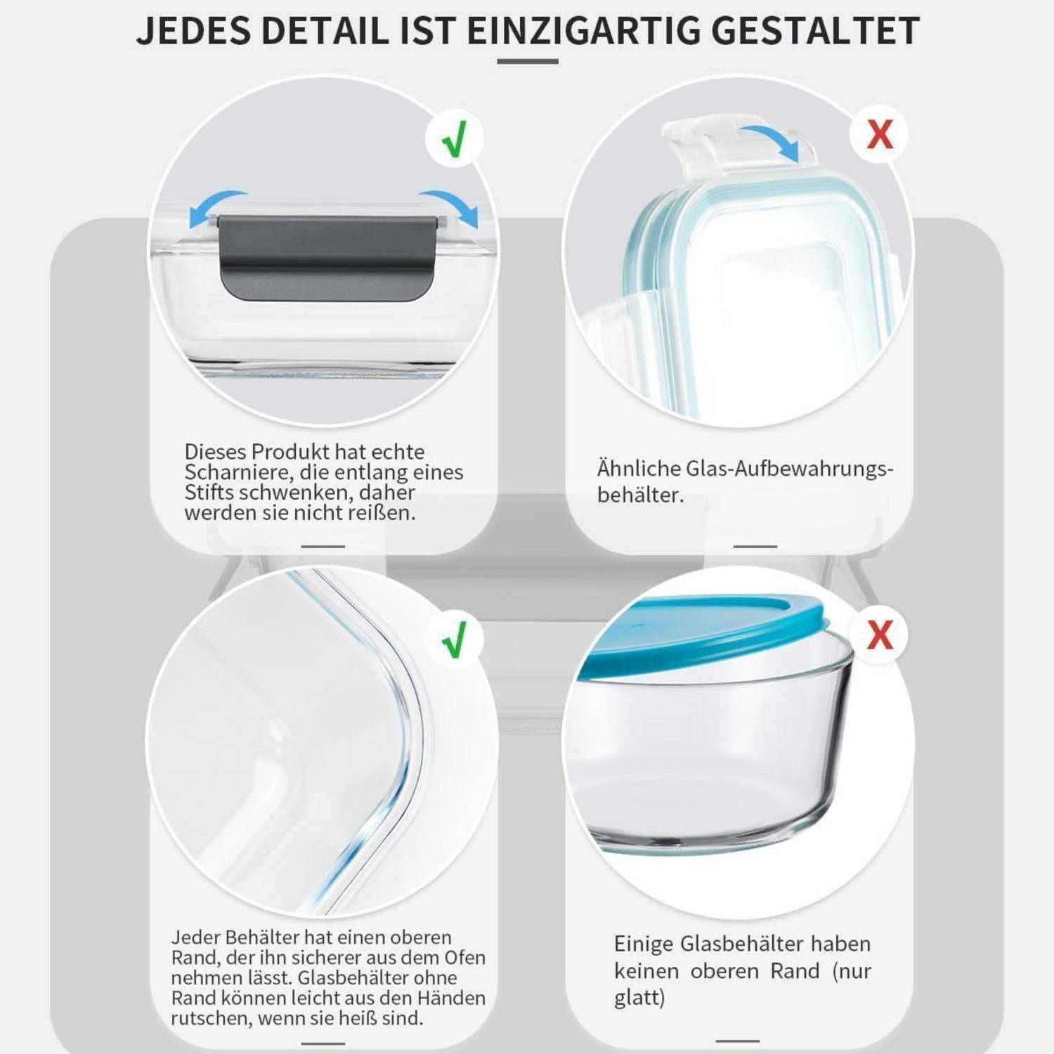 Das Bild zeigt Merkmale von Glaslagerbehältern und hebt die Unterschiede in den Deckeldesigns in Bezug auf Haltbarkeit und Griffeffizienz hervor.