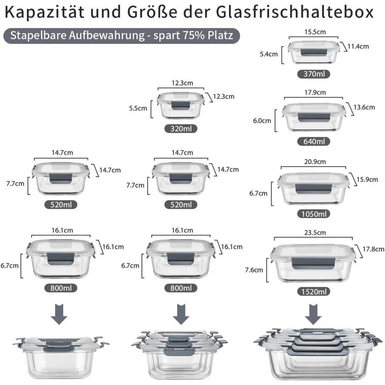 Kapazität und Größe der Glasfrischhaltebox': Bild zeigt gestapelte Glasdosen mit verschiedenen Kapazitäten, die von 320 ml bis 1520 ml reichen.