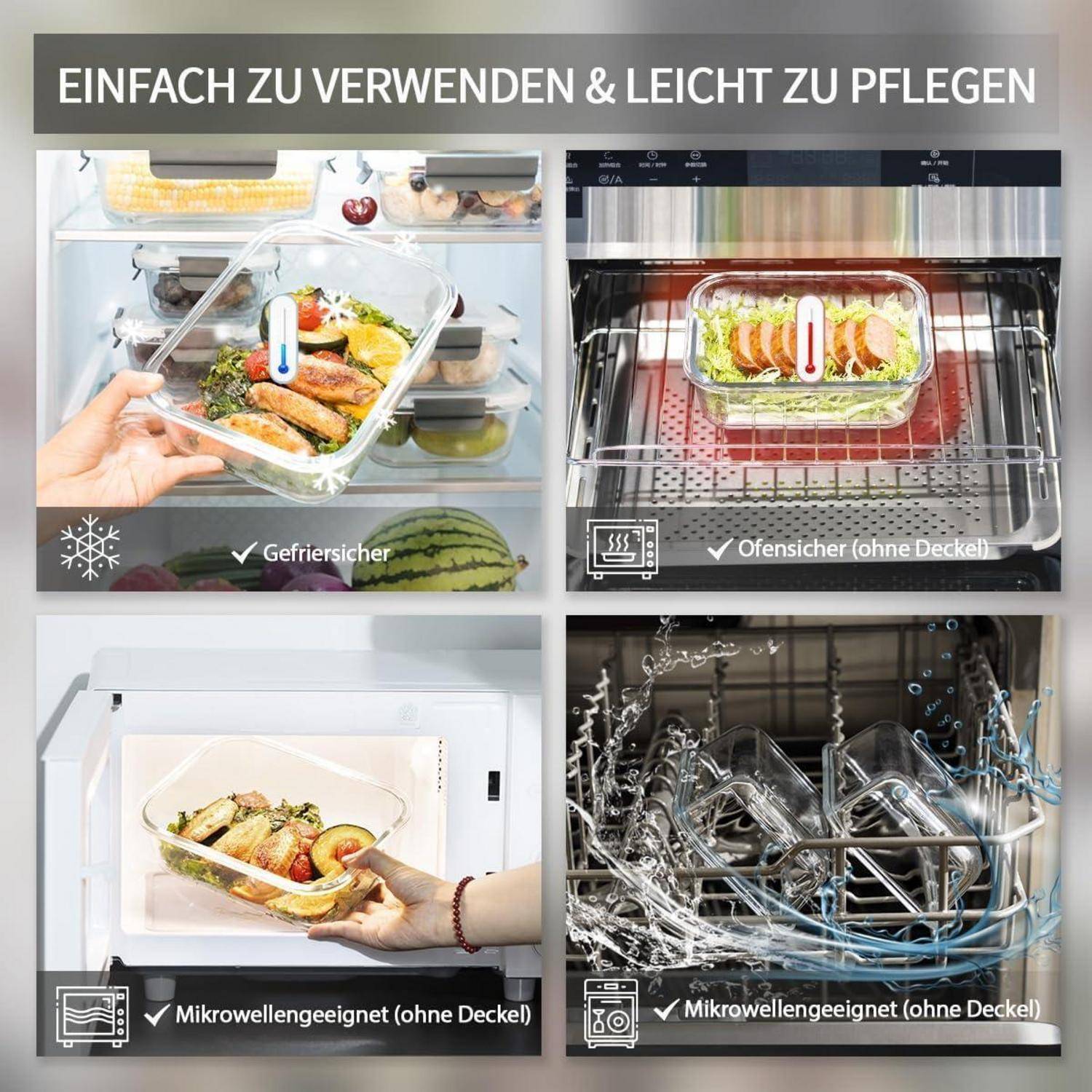 Glasgeschirr im Kühlschrank, Backofen, Mikrowelle, Geschirrspüler; Etiketten: gefrierschrankgeeignet, backofengeeignet (Deckel abgenommen), mikrowellengeeignet (Deckel abgenommen), spülmaschinenfest.