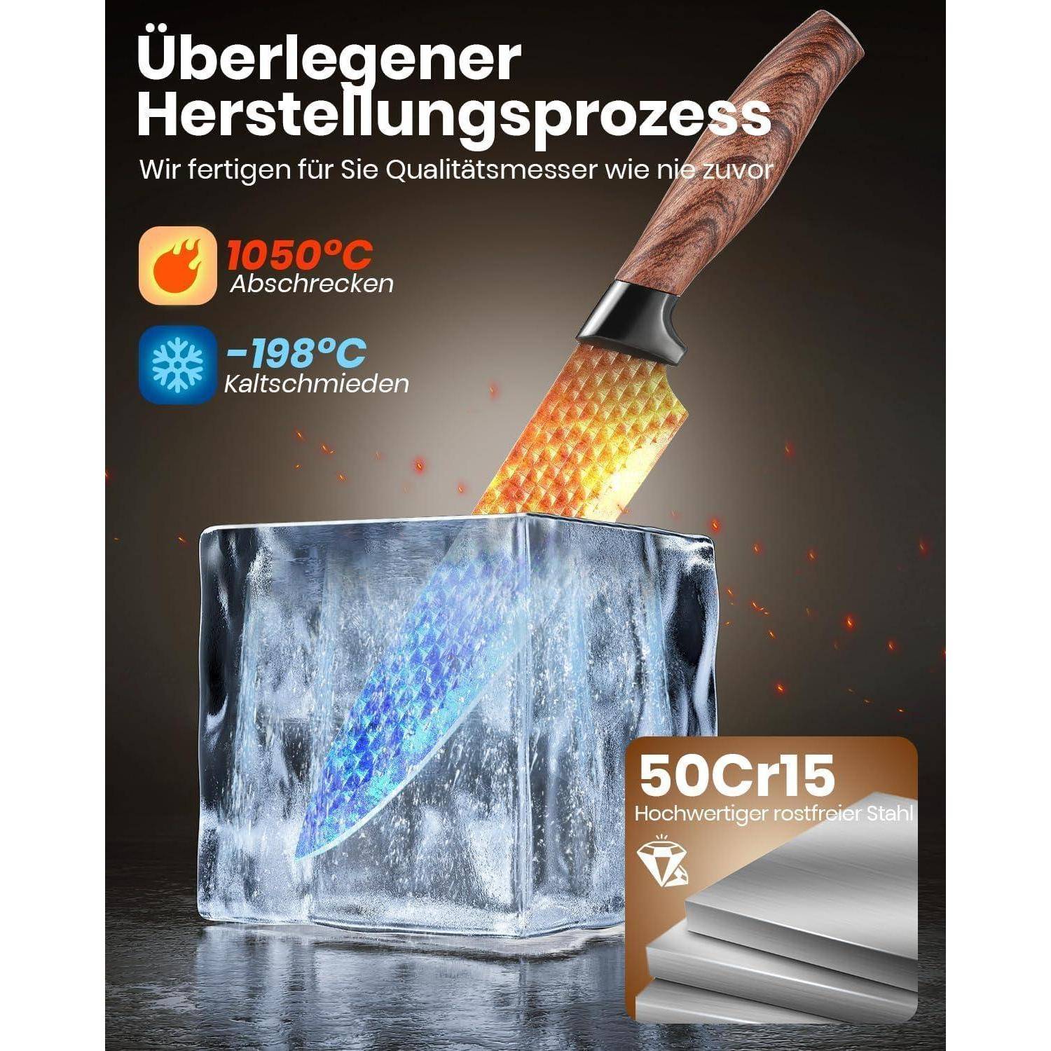 Ein hochwertiges Messer mit einer farbigen Klinge schneidet durch einen Eisblock und demonstriert dabei seine Haltbarkeit. Der Text hebt die Kühl- und Schmiedeprozesse bei 1050°C und -198°C hervor, gefertigt aus 50Cr15-Stahl.